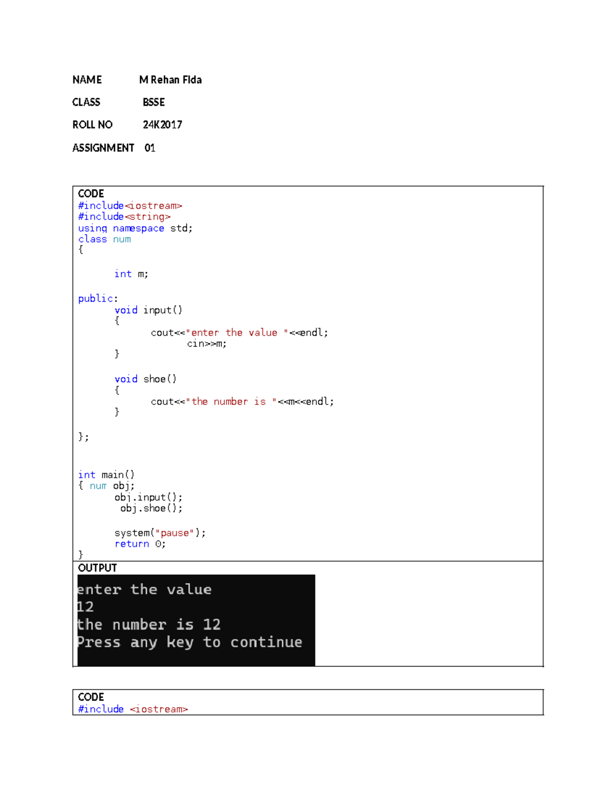 BSSE 24K2017 L1 - Assignment 01: C++ Class and Object Examples - Studocu