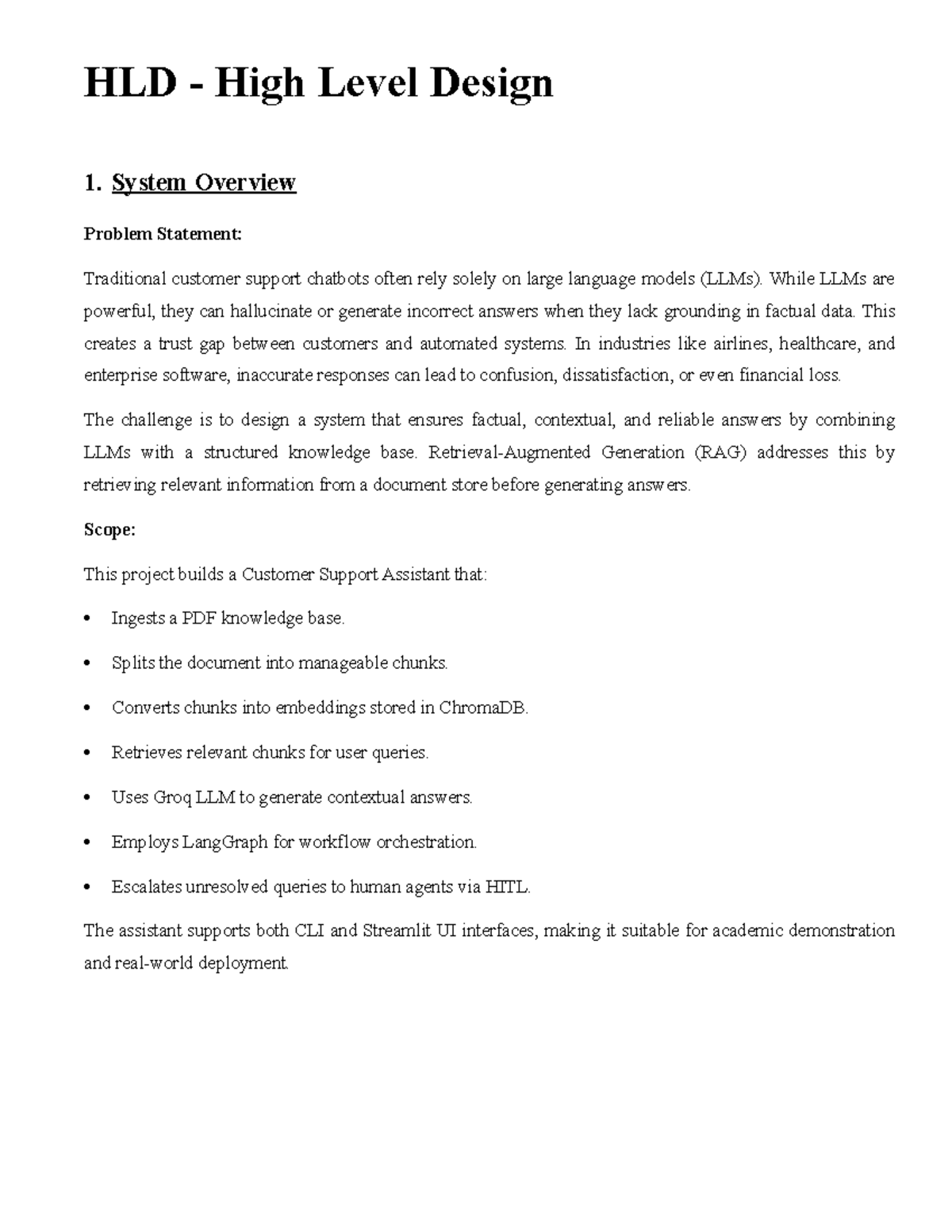 HLD - High Level Design for Customer Support Assistant System - Studocu