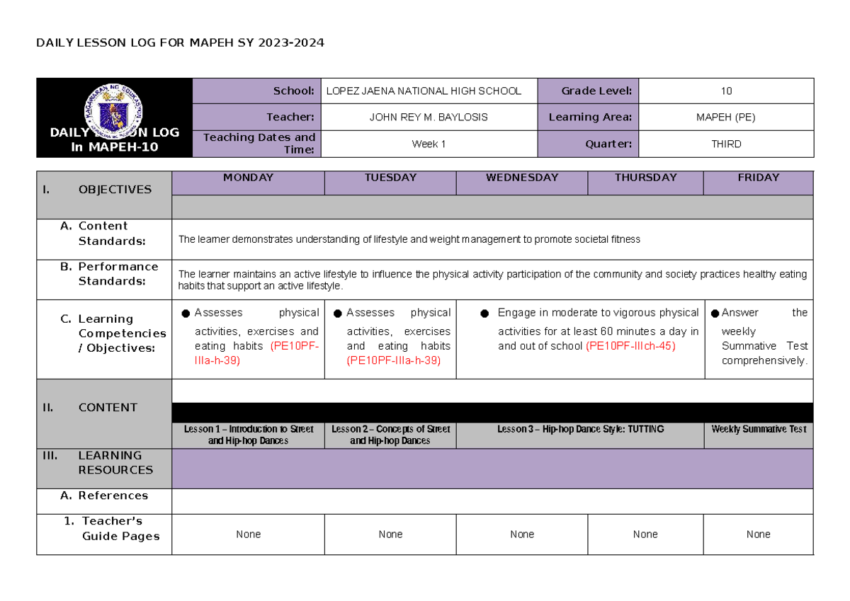 Q3 DLL for MAPEH 10 PE: Daily Lesson Log and Activities - Studocu