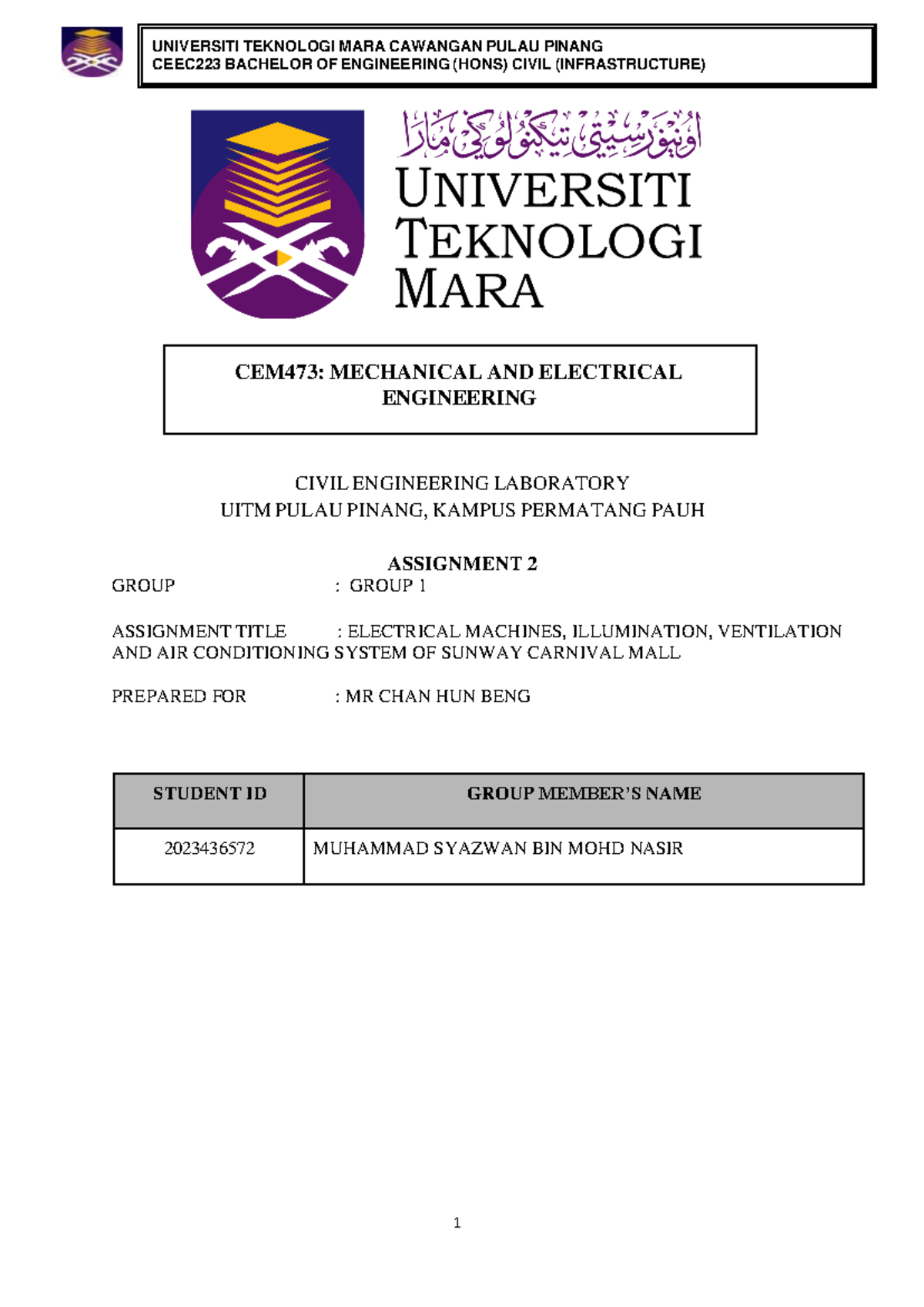CEM 473 Project - goodluck - ####### CEEC223 BACHELOR OF ENGINEERING ...