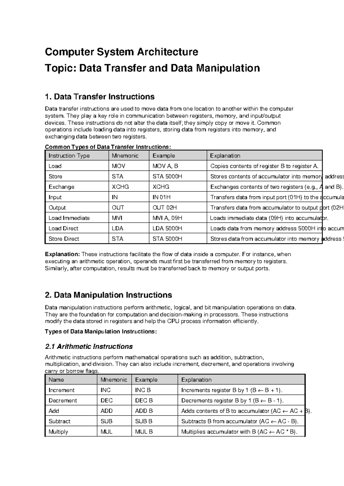 Computer System Architecture: Data Transfer & Manipulation Notes - Studocu