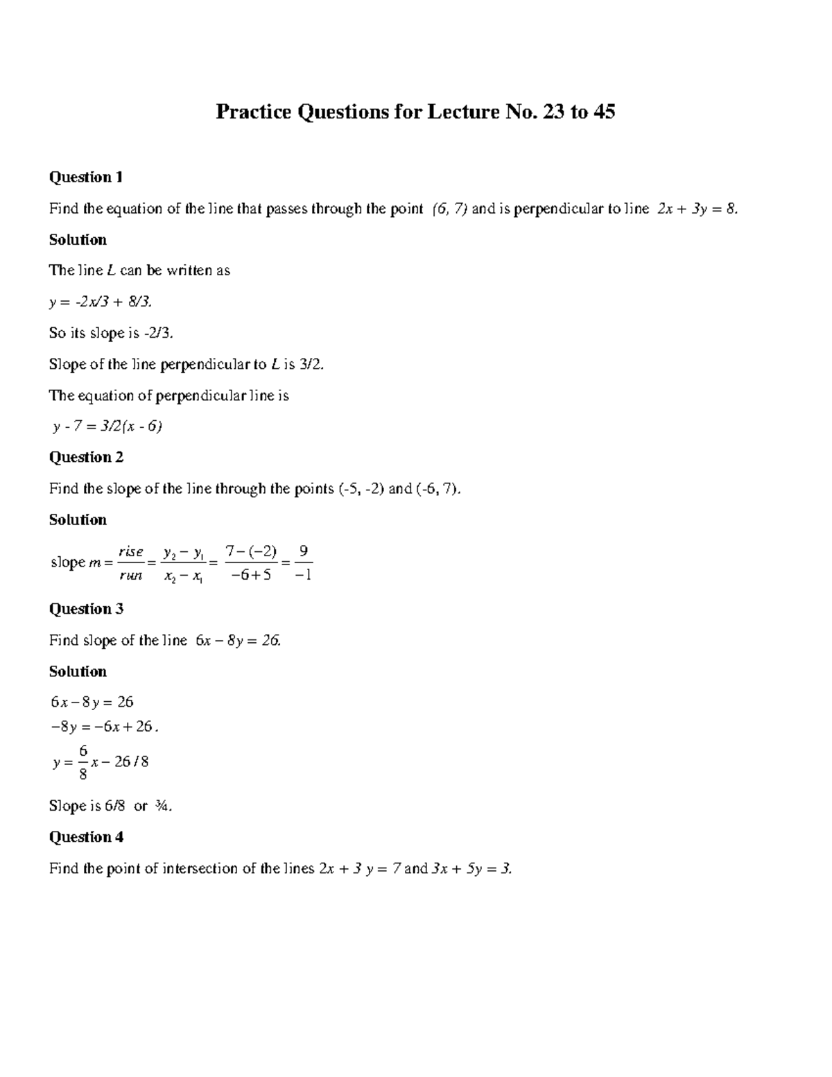 Practice Questions for Lectures 23-45: Math Concepts and Solutions ...