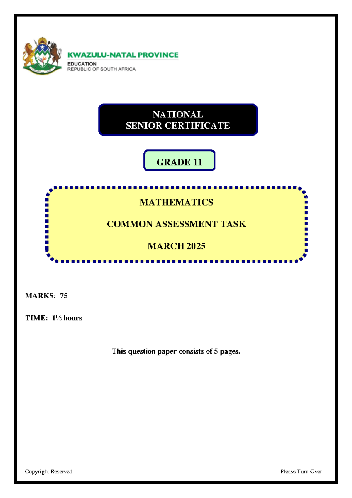 2025 G11 MATHEMATICS COMMON ASSESSMENT TASK - MARCH TEST - Studocu