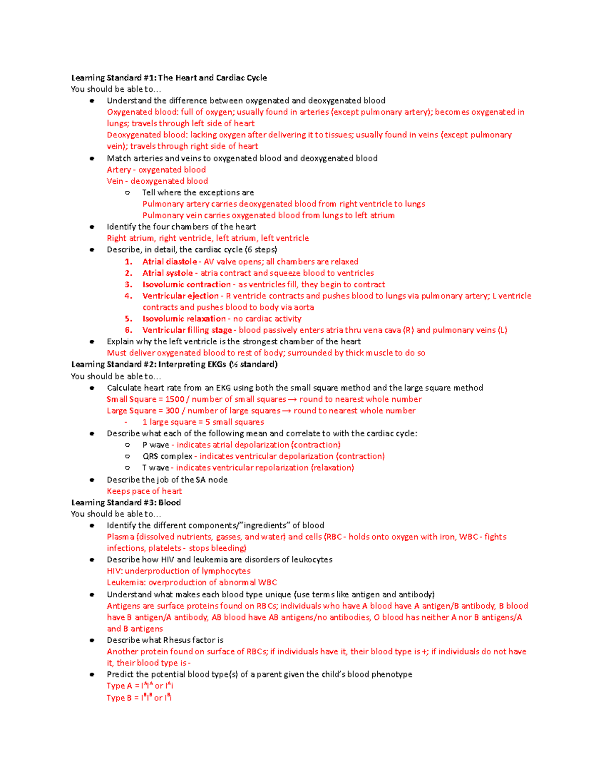 Cardiovascular System Study Guide - Learning Standard #1: The Heart and ...