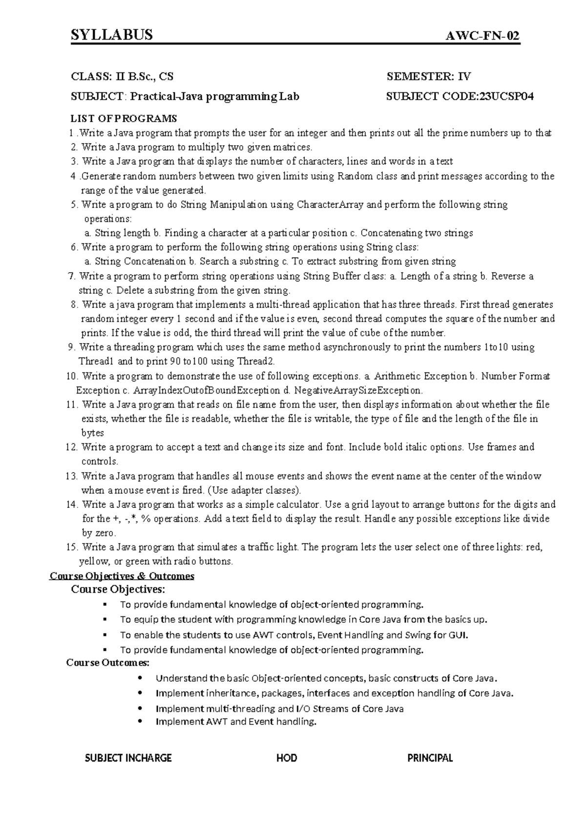 Java Lab Syllabus & Lesson Plan - II B.Sc. CS Sem IV (23UCSP04) - Studocu