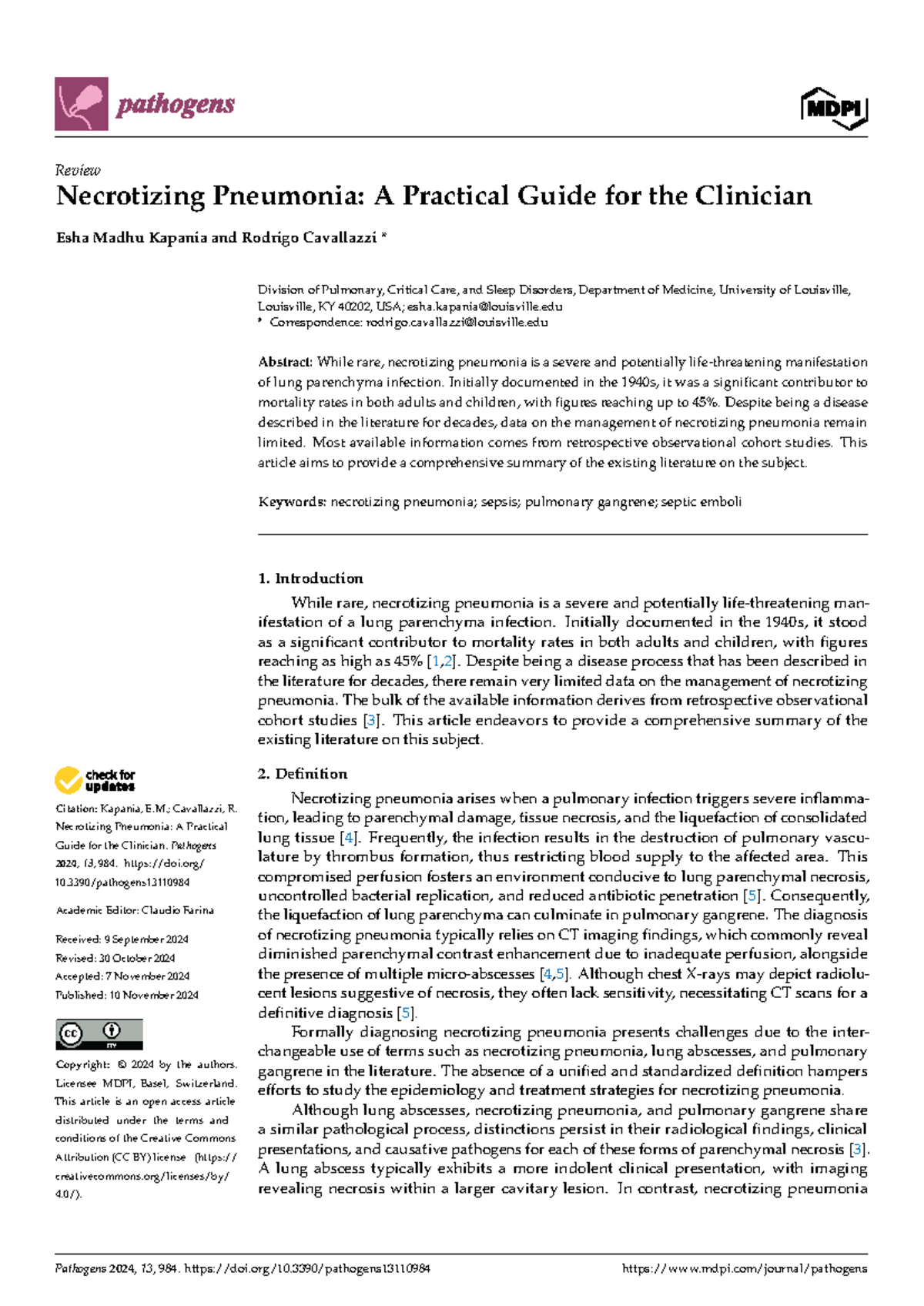 Necrotizing Pneumonia (Pathogens 2024): A Comprehensive Clinical Guide ...