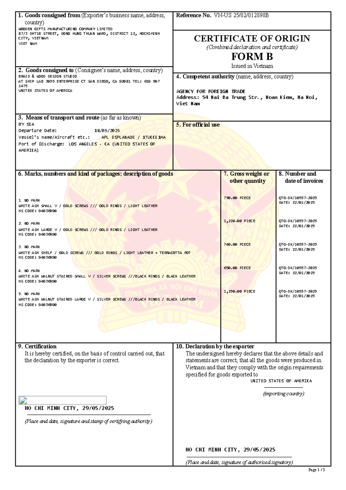 Certificate of Origin Form B for VN-US Trade - Wooden Gifts - Studocu