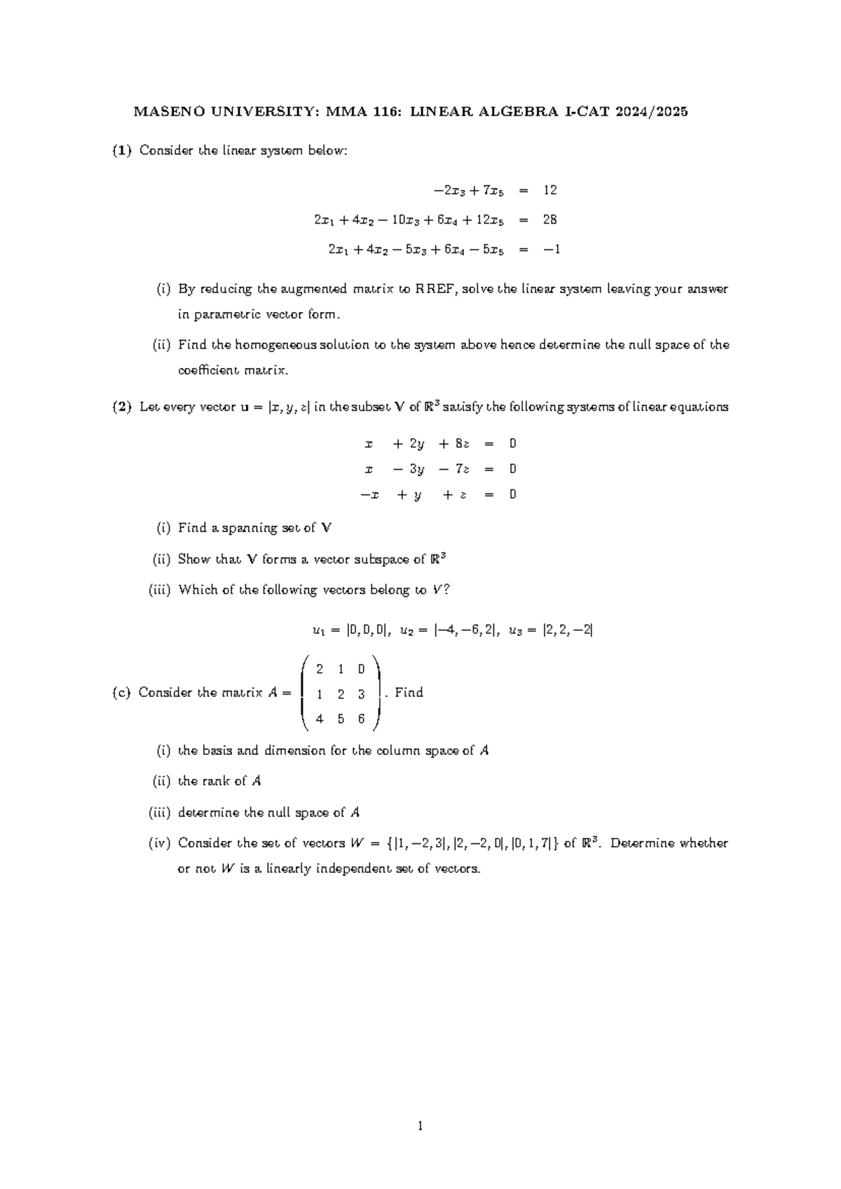 MMA 116: Linear Algebra Notes on Systems & Vector Spaces - Studocu