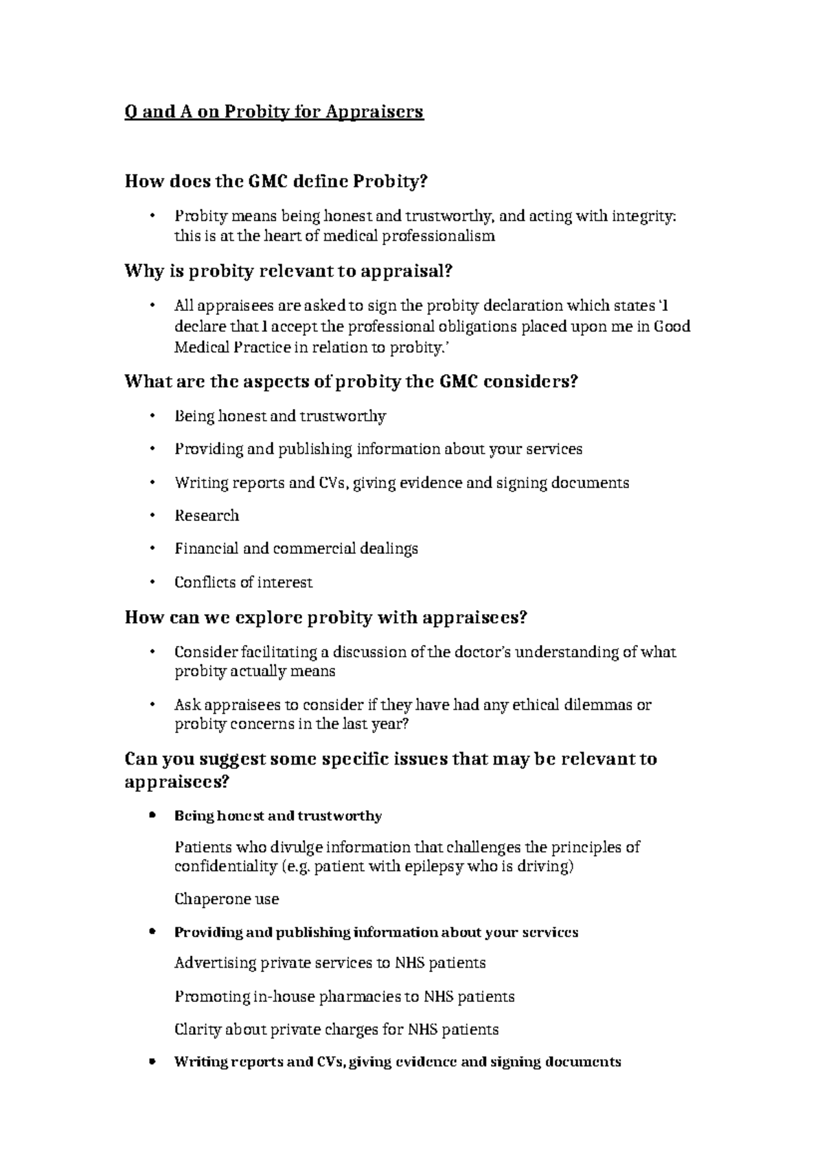 Probity Guidelines for Appraisers: Understanding GMC Standards - Studocu