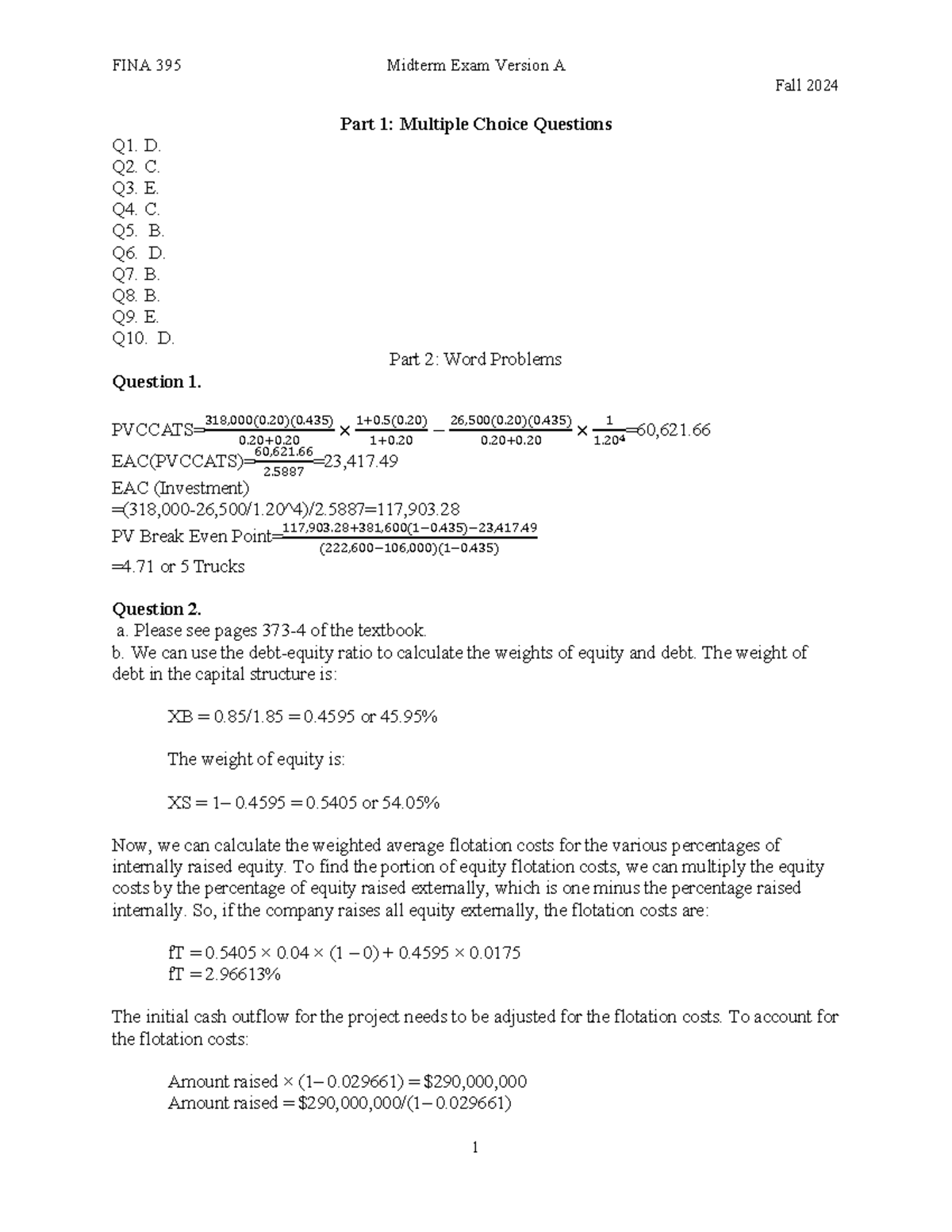 Midterm Exam F2024 Version A Partial Solutions - FINA 395 Midterm Exam ...