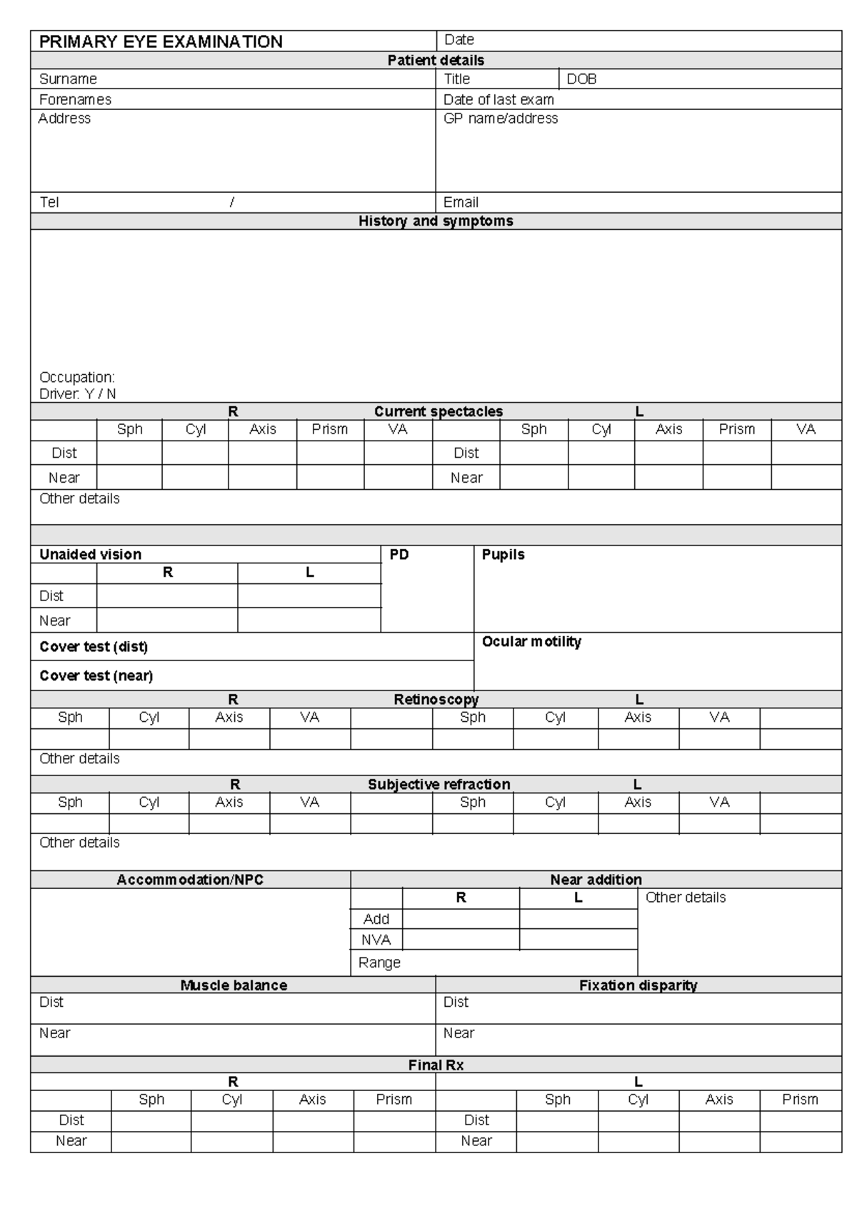 Vision Centre Patient Record Card Template - Primary Eye Examination ...