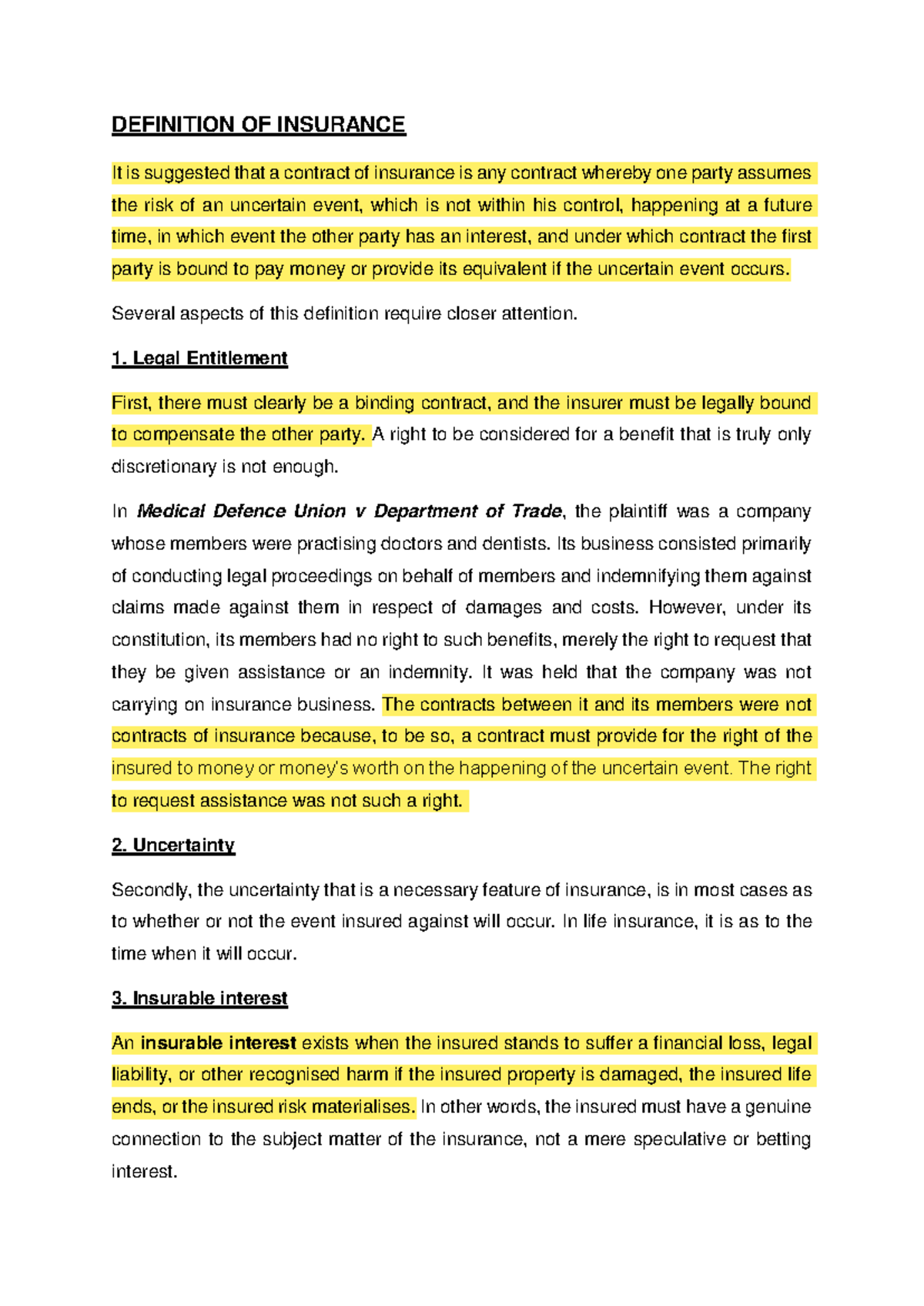 DEFINITION OF INSURANCE: Key Aspects and Classifications - Studocu