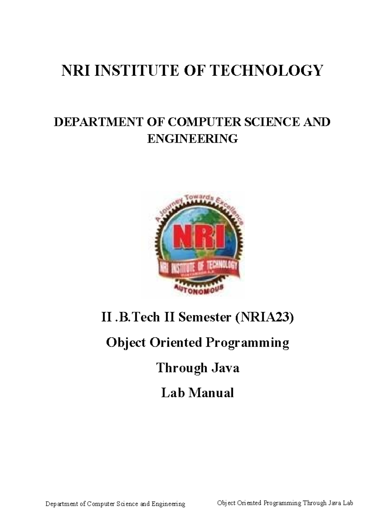 Object Oriented Programming Lab Manual (NRIA23) - Java Programming ...