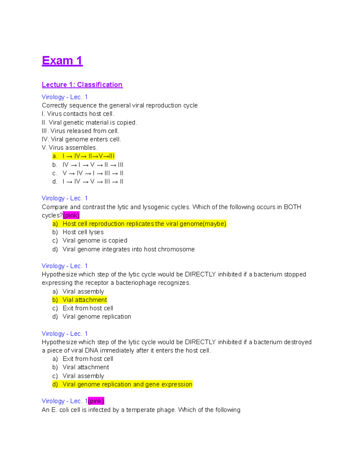 Bio 116 - Exam 1 Practice Questions: Virology and Eukaryotic Diversity ...