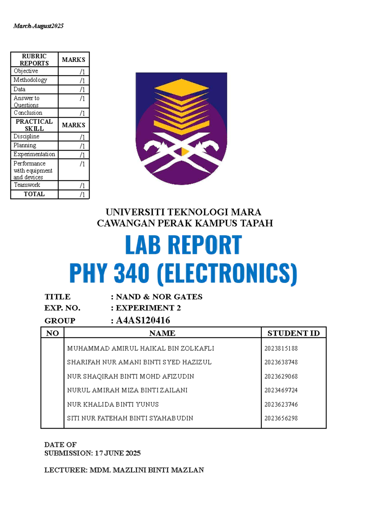 LAB Report PHY340: Experiment 2 on NAND and NOR Gates - Studocu