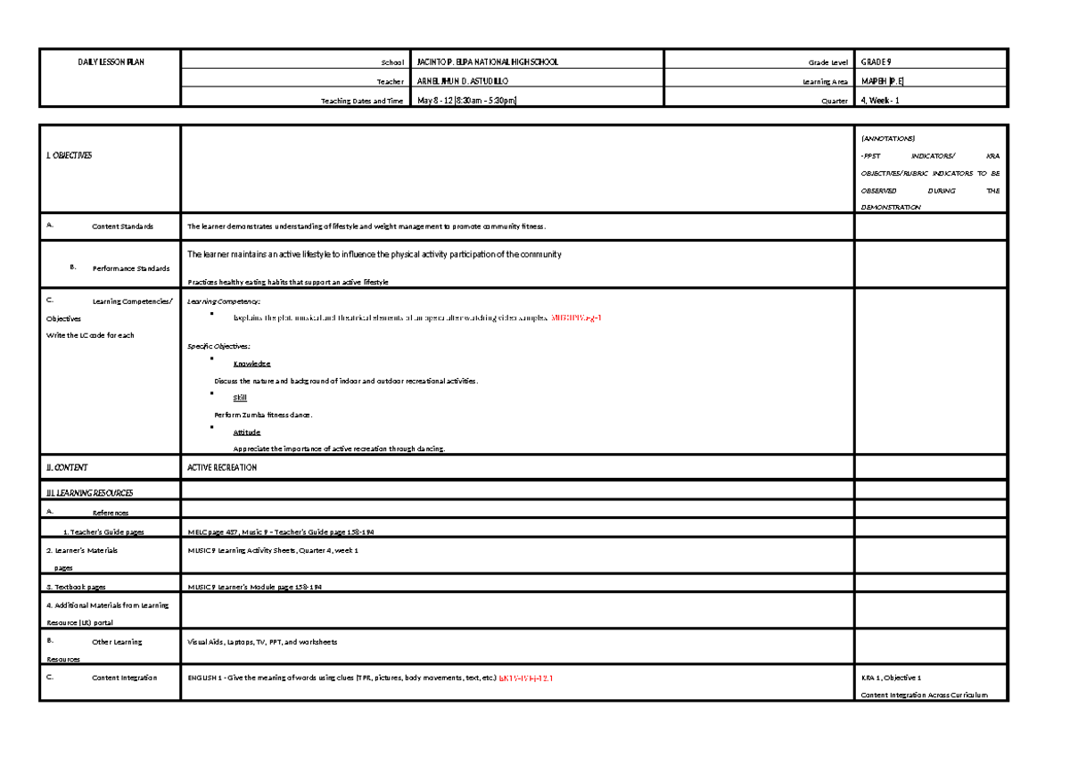 DLP GRADE 9 MAPEH (P.E) - Active Recreation Lesson Plan - Studocu