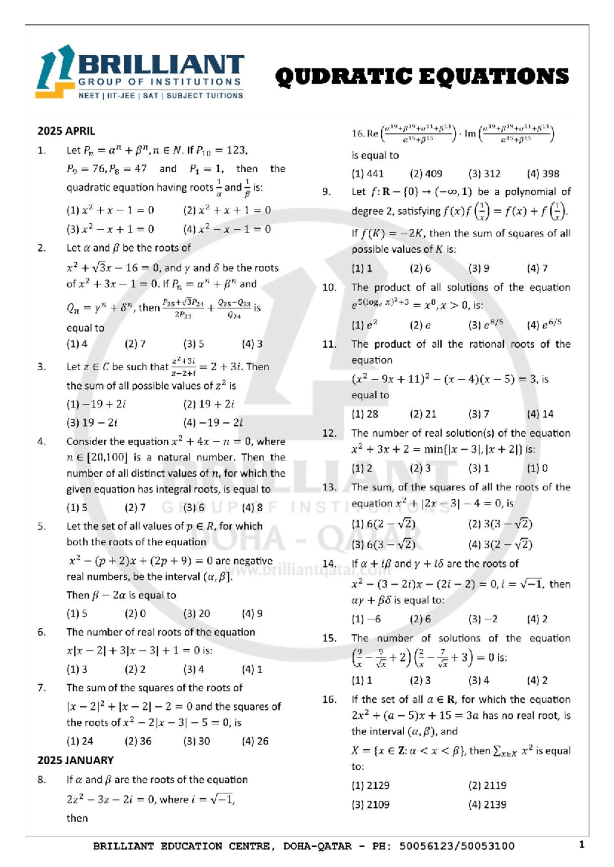 BRILLIANT EDUCATION CENTRE NEET I I QUADRATIC EQUATIONS NOTES 2025 ...