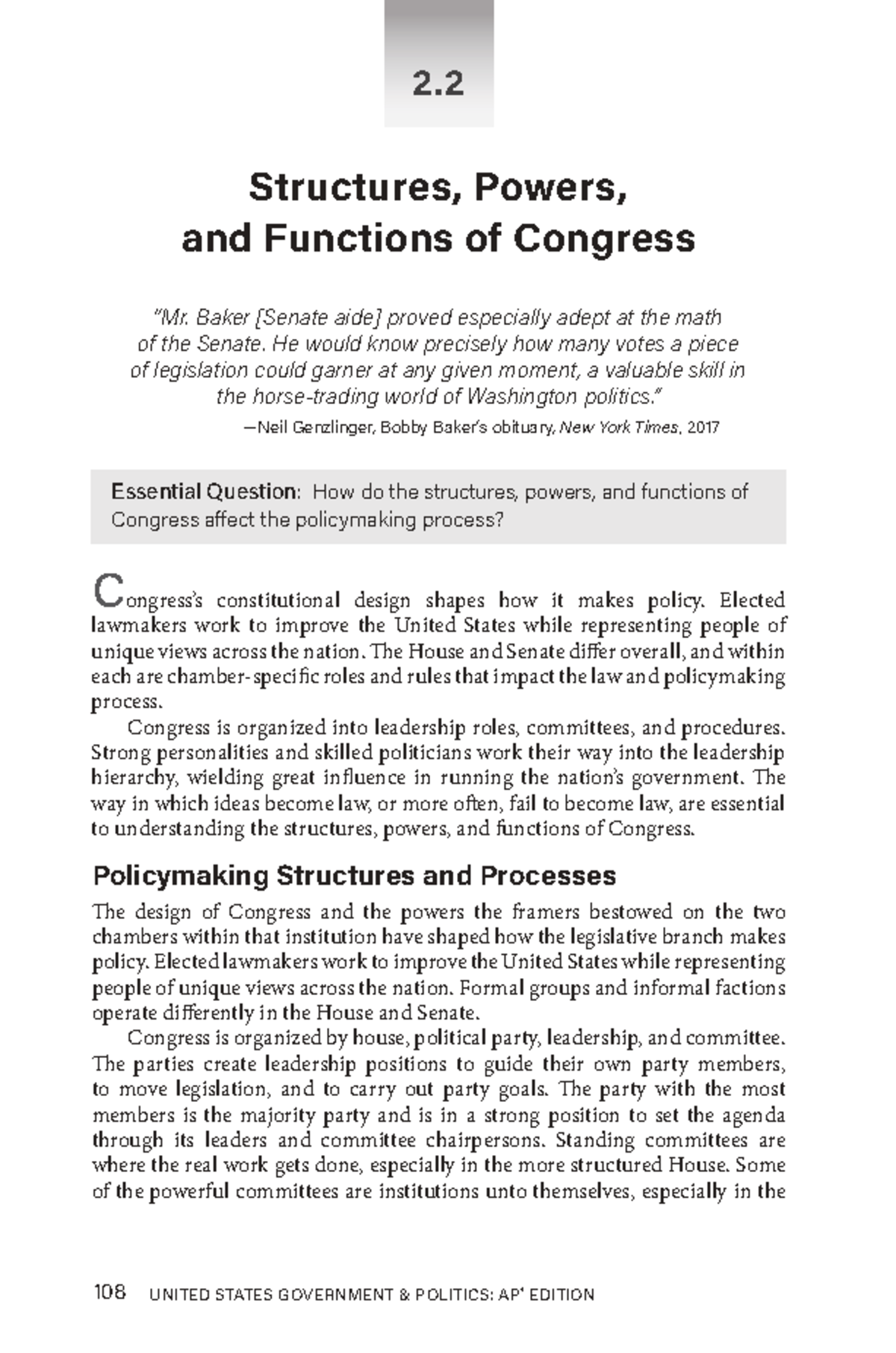 Structures, Powers, and Functions of Congress: AP® Edition Overview ...