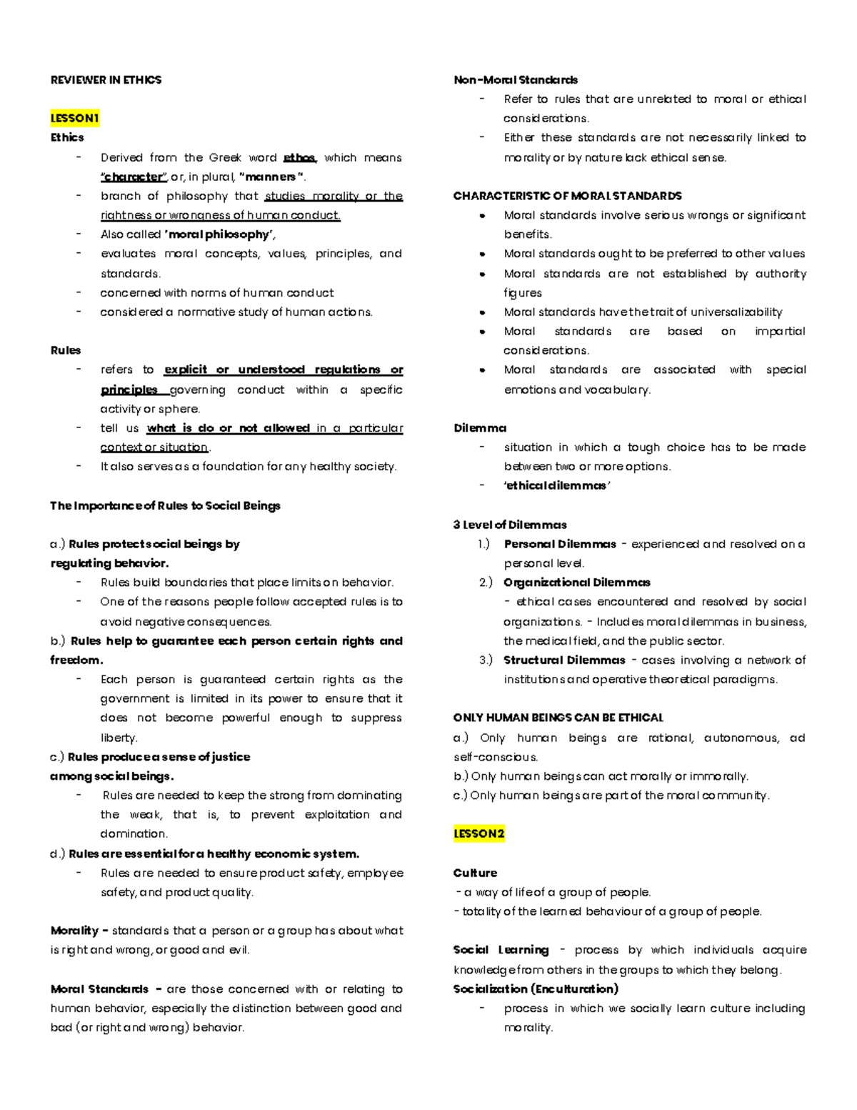 GEC 108 Ethics Final Exam Reviewer: Key Concepts and Moral Standards ...