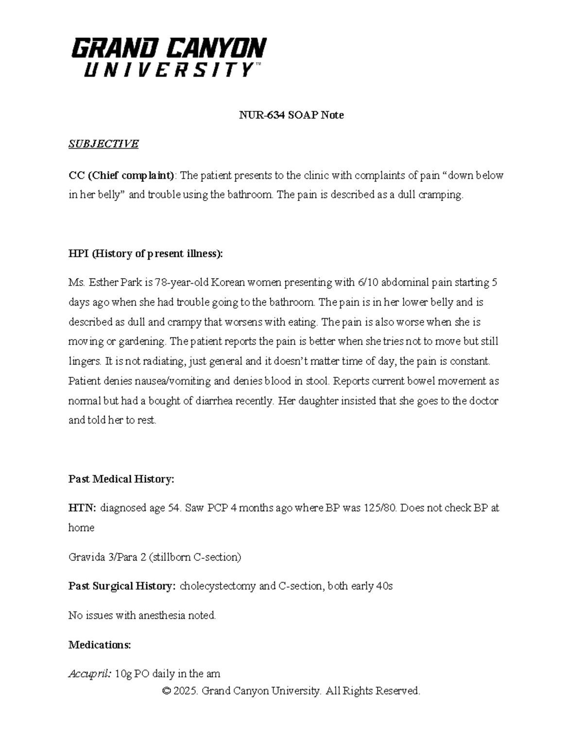Abdominal Pain SOAP Note - Patient Esther Park (SOAP) - Studocu