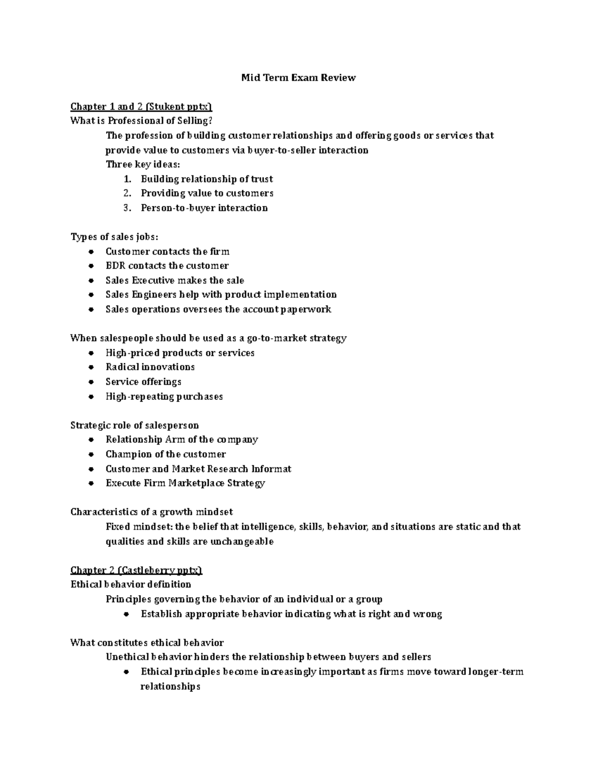 Midterm Exam Review: Key Concepts from Sales and Marketing (Course Code ...