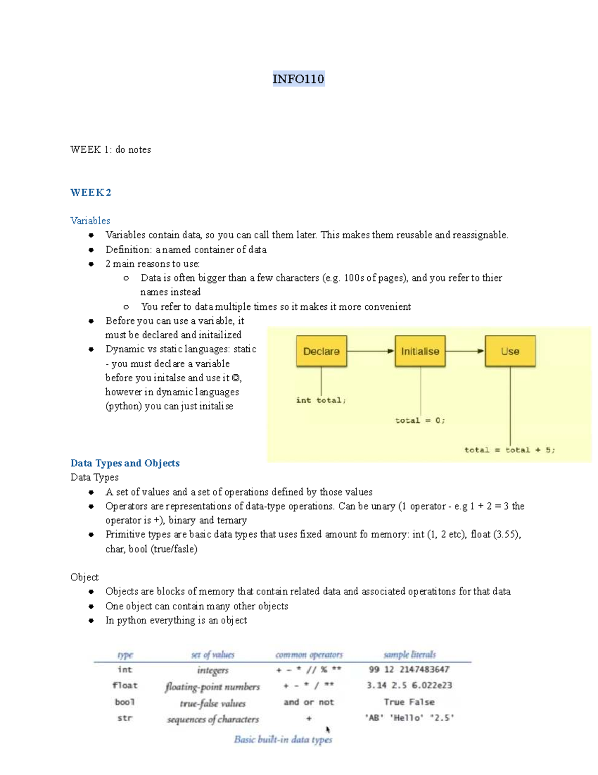 INFO1110 Lecture Notes: Week 1-7 Overview of Variables, Data Types, and ...