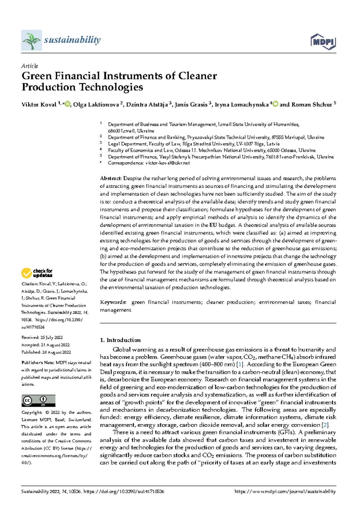Green Financial Instruments for Cleaner Production Technologies: A ...