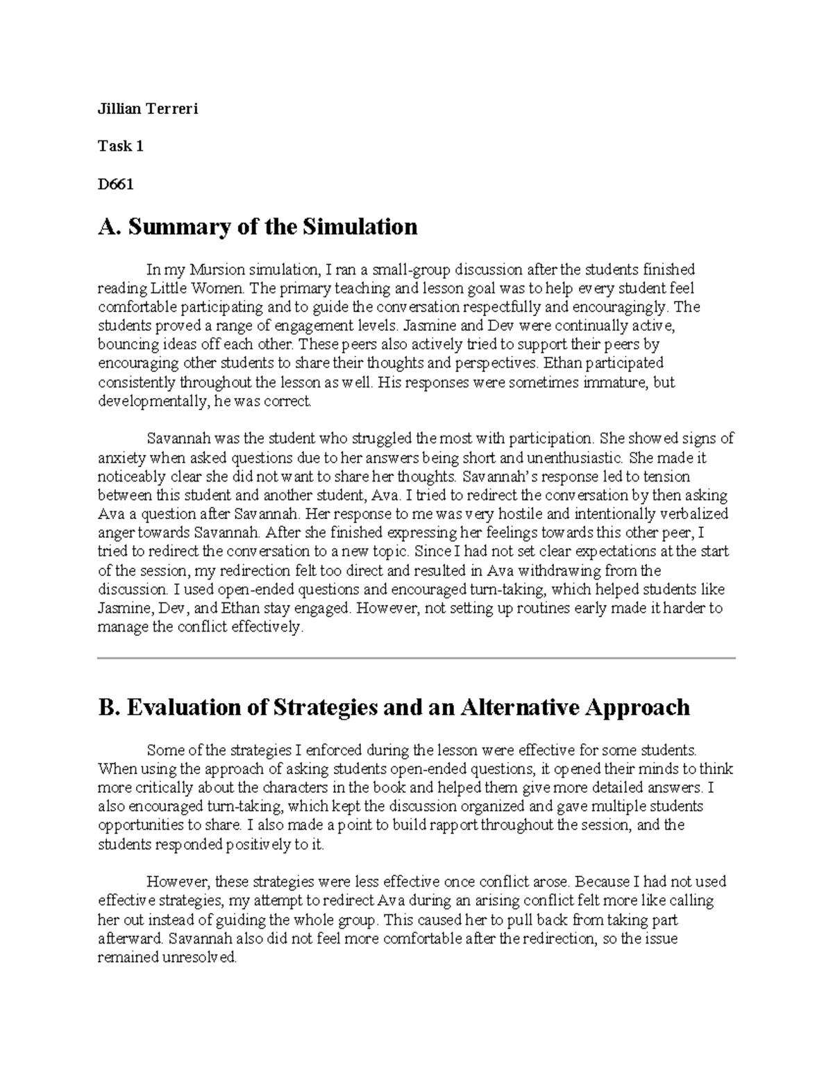 Task 1 D661 - Reflection on Mursion Simulation and Strategies - Studocu