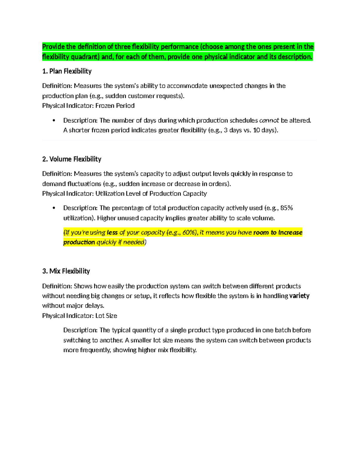Performance Indicators in Flexibility & Quality (Course Code: XYZ123 ...