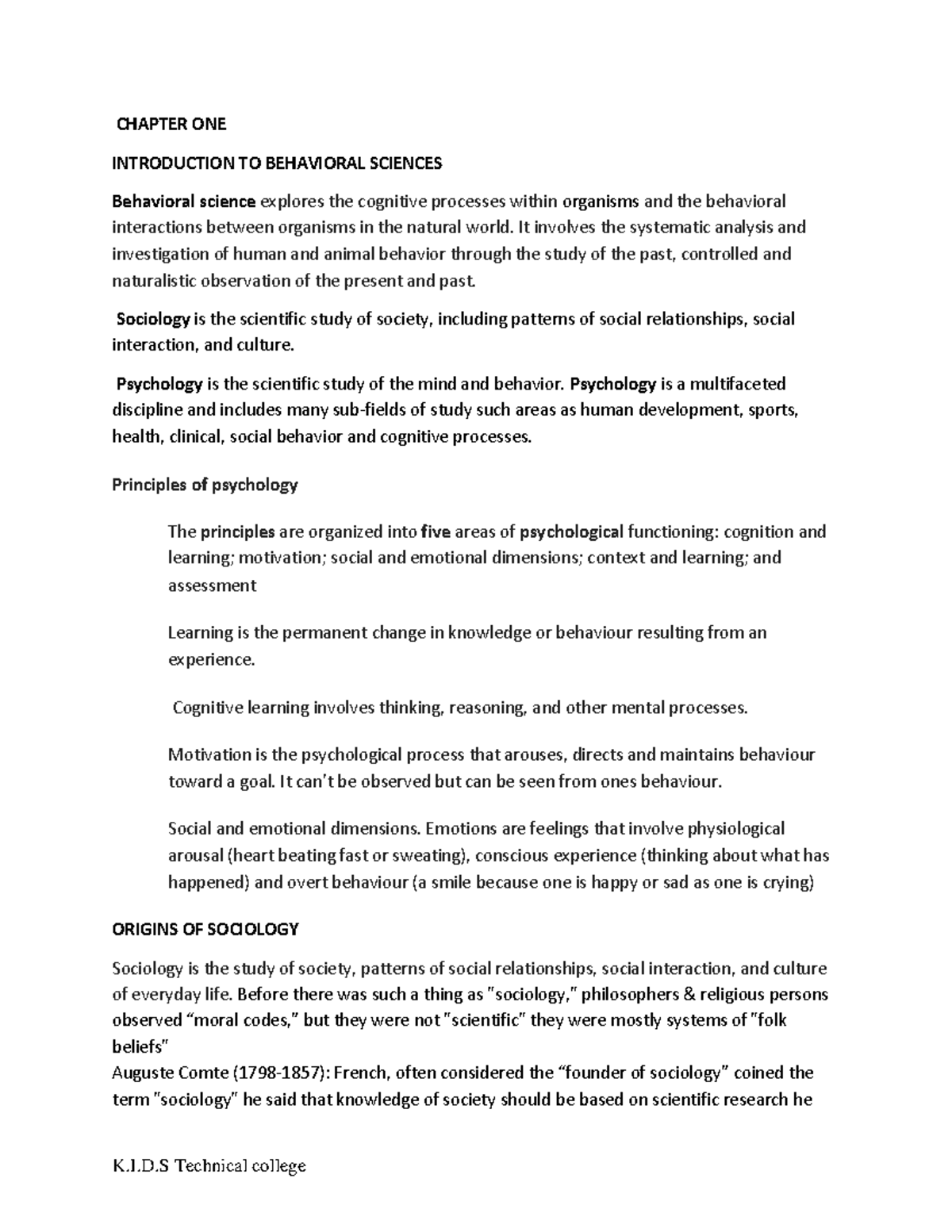 CHAPTER ONE: INTRODUCTION TO BEHAVIORAL SCIENCES (K.I.D.S TECH) - Studocu