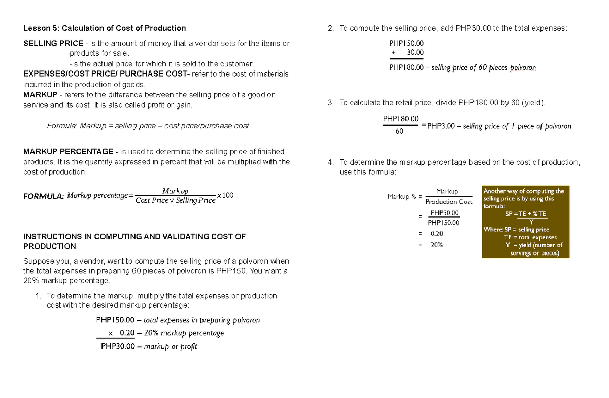 Lesson 5: Cost of Production Calculation & Selling Price Analysis - Studocu