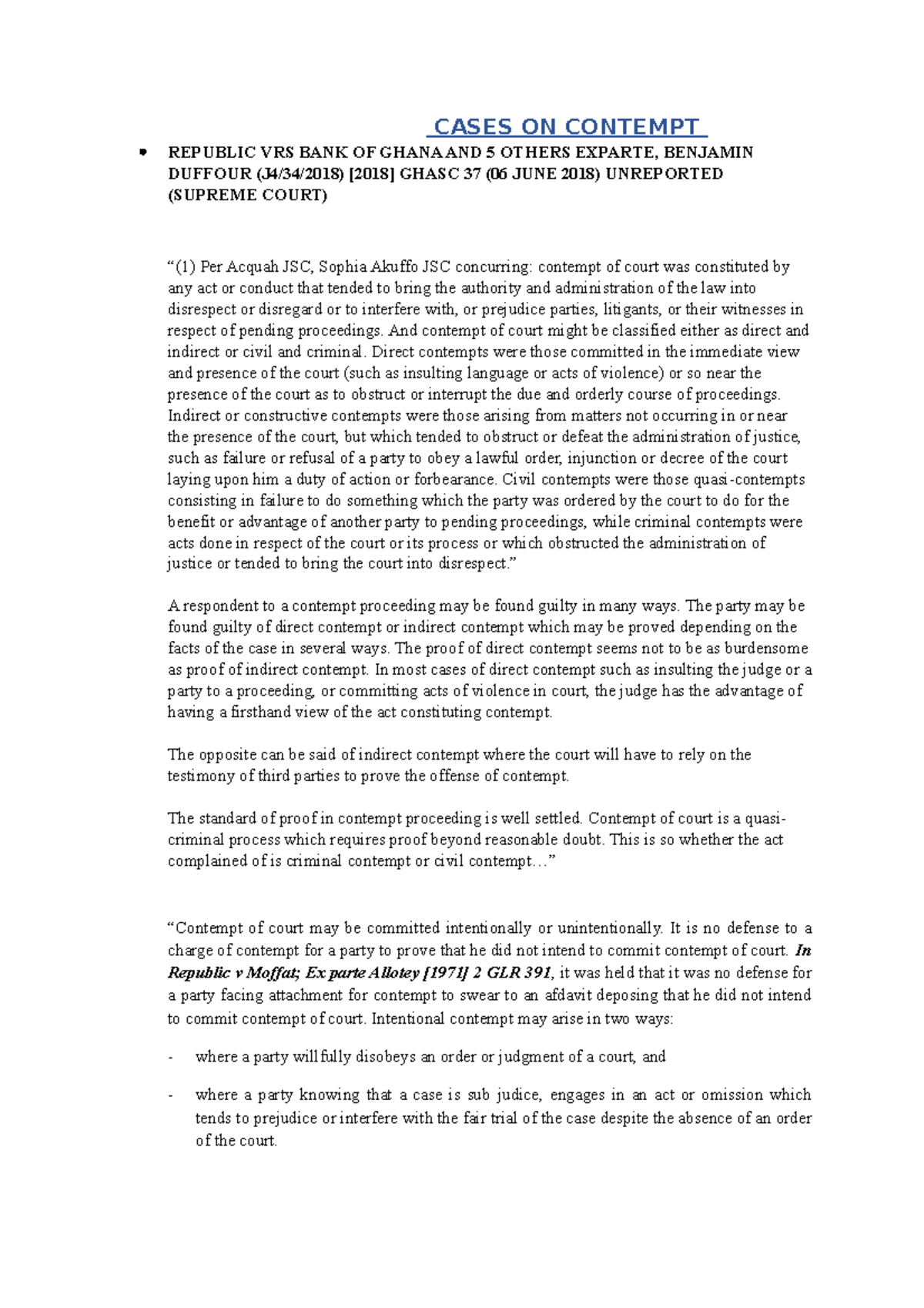 Cases of Contempt in Ghana: Legal Principles & Key Judgments - Studocu