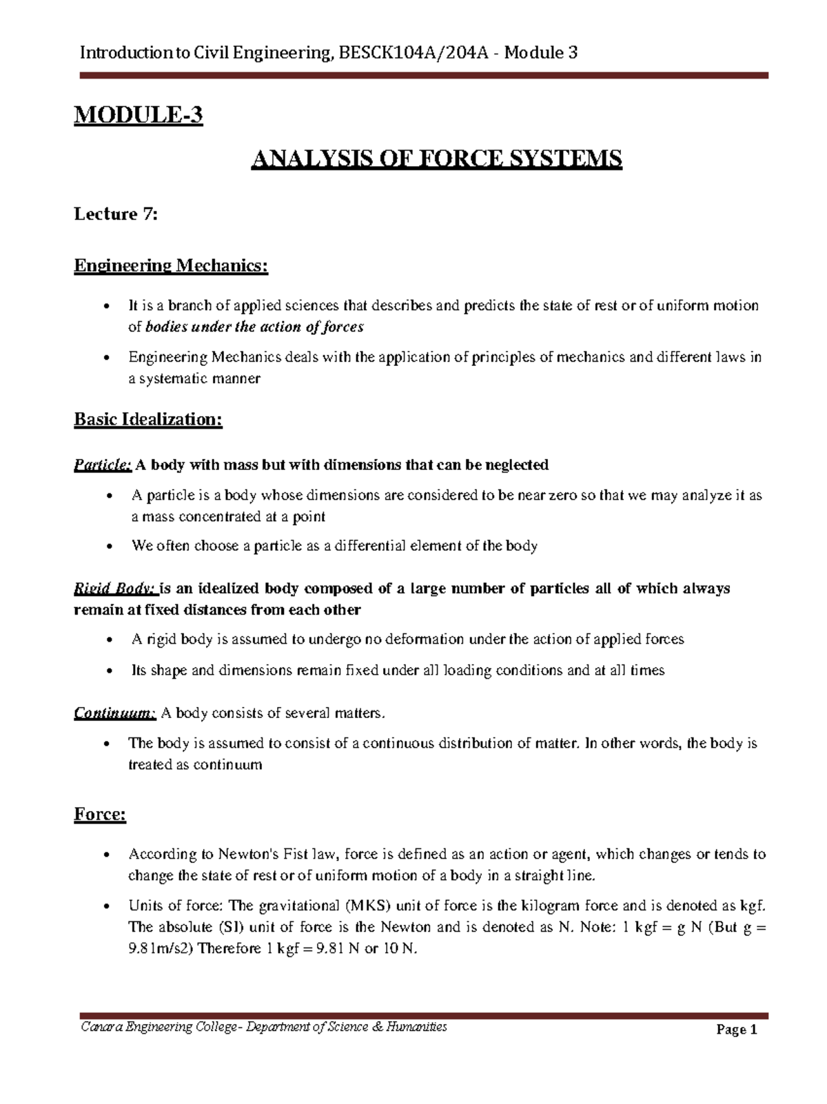 BESCK204A: Module 3 - Analysis of Force Systems Lecture Notes - Studocu