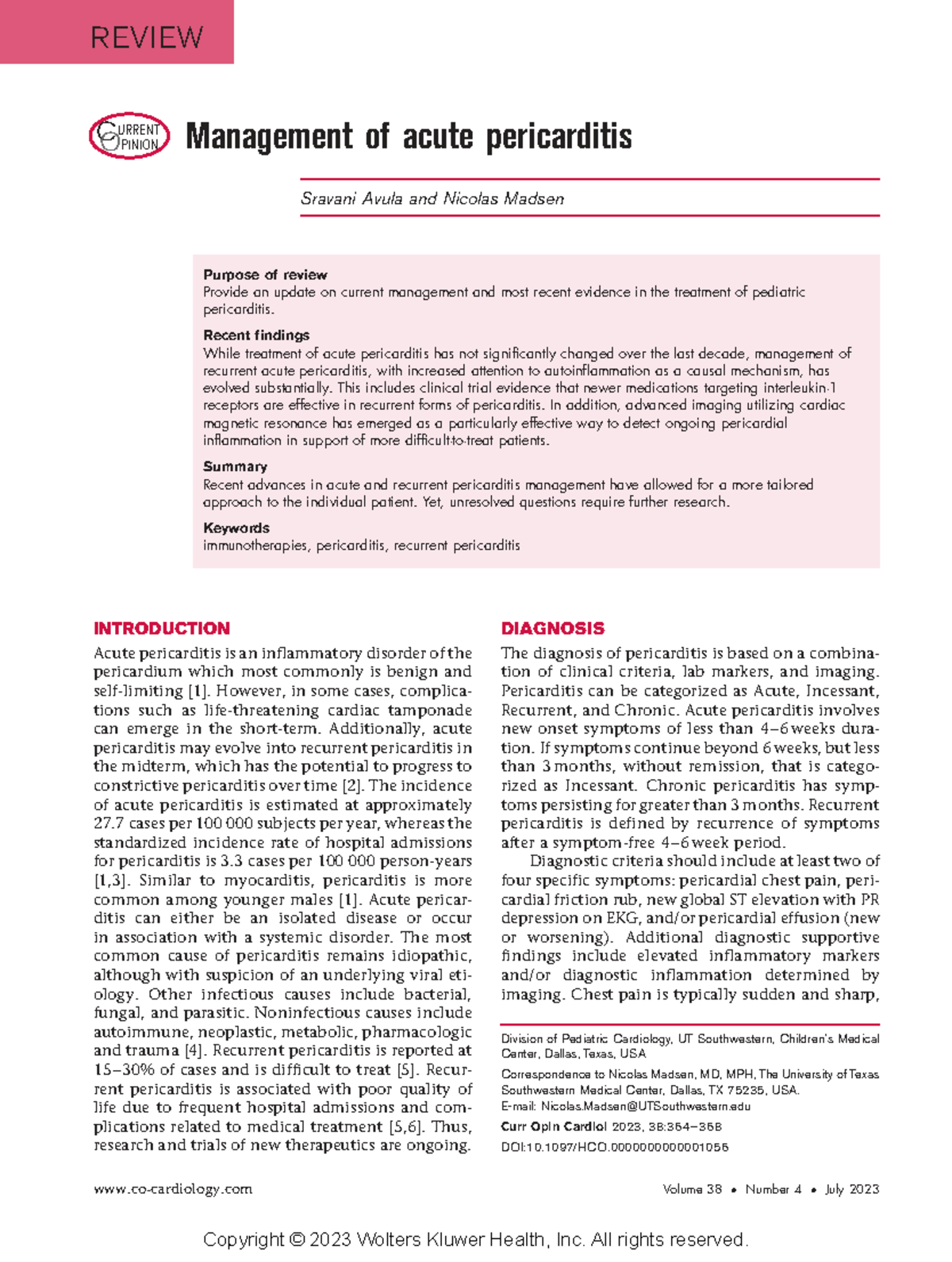 REVIEW: Current Management of Acute Pericarditis (Curr Opin Cardiol ...