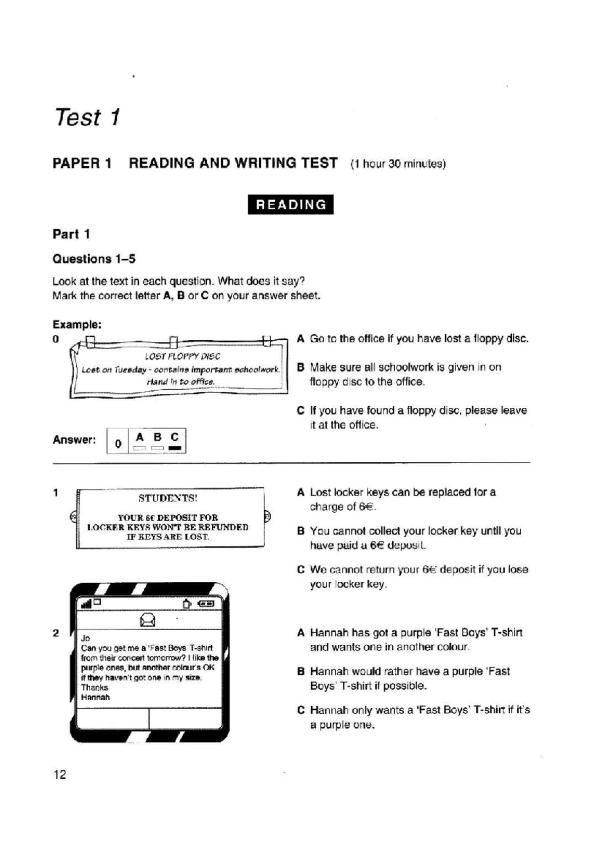 Reading PET 1 - Test 1 & 2 Questions and Answers (TA 123) - Studocu