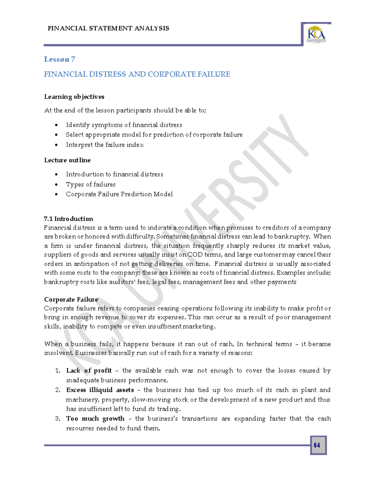 Lesson 7 - Financial Distress and Corporate Failure in Intermediate ...