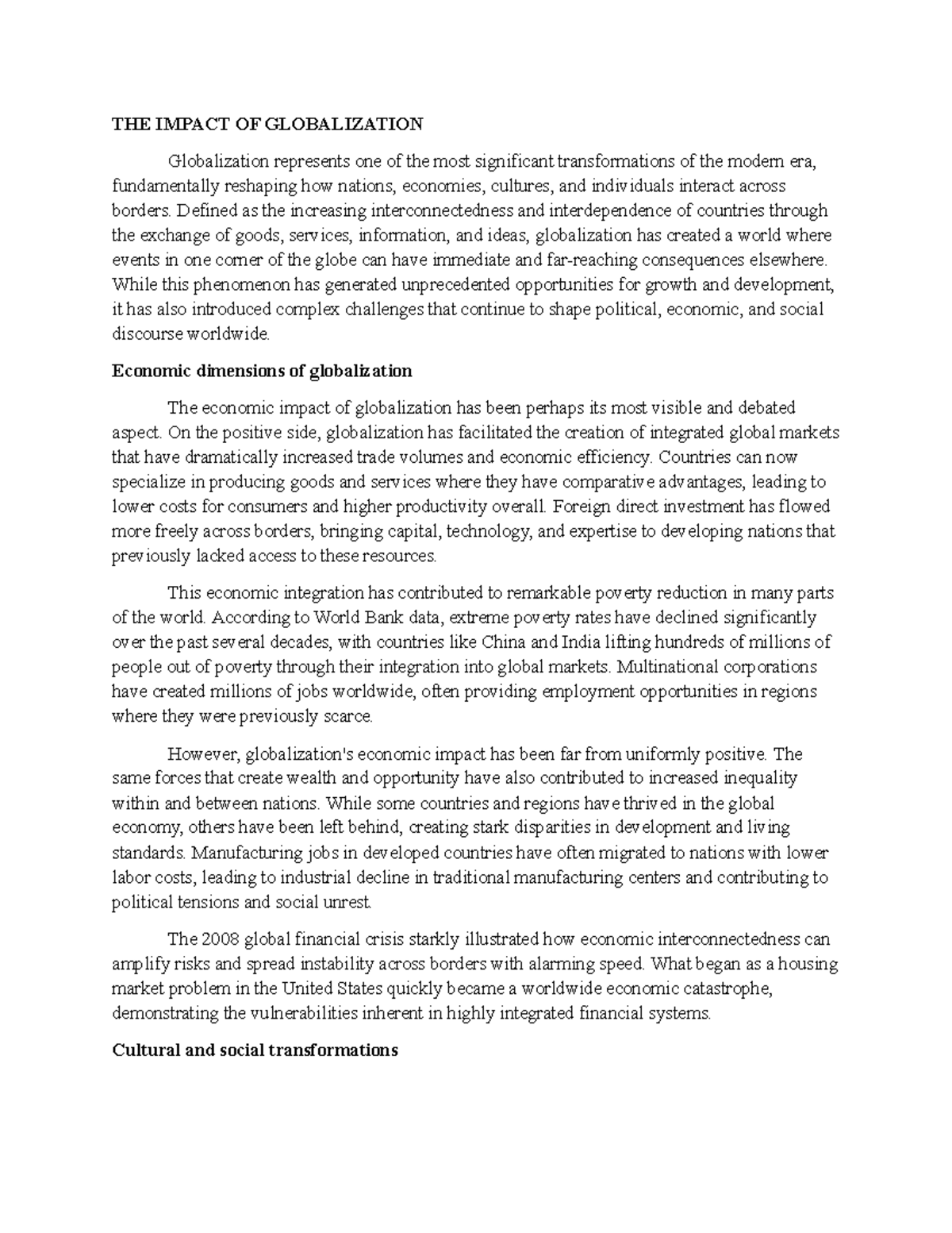 The Impact of Globalization: Economic, Cultural, and Political ...