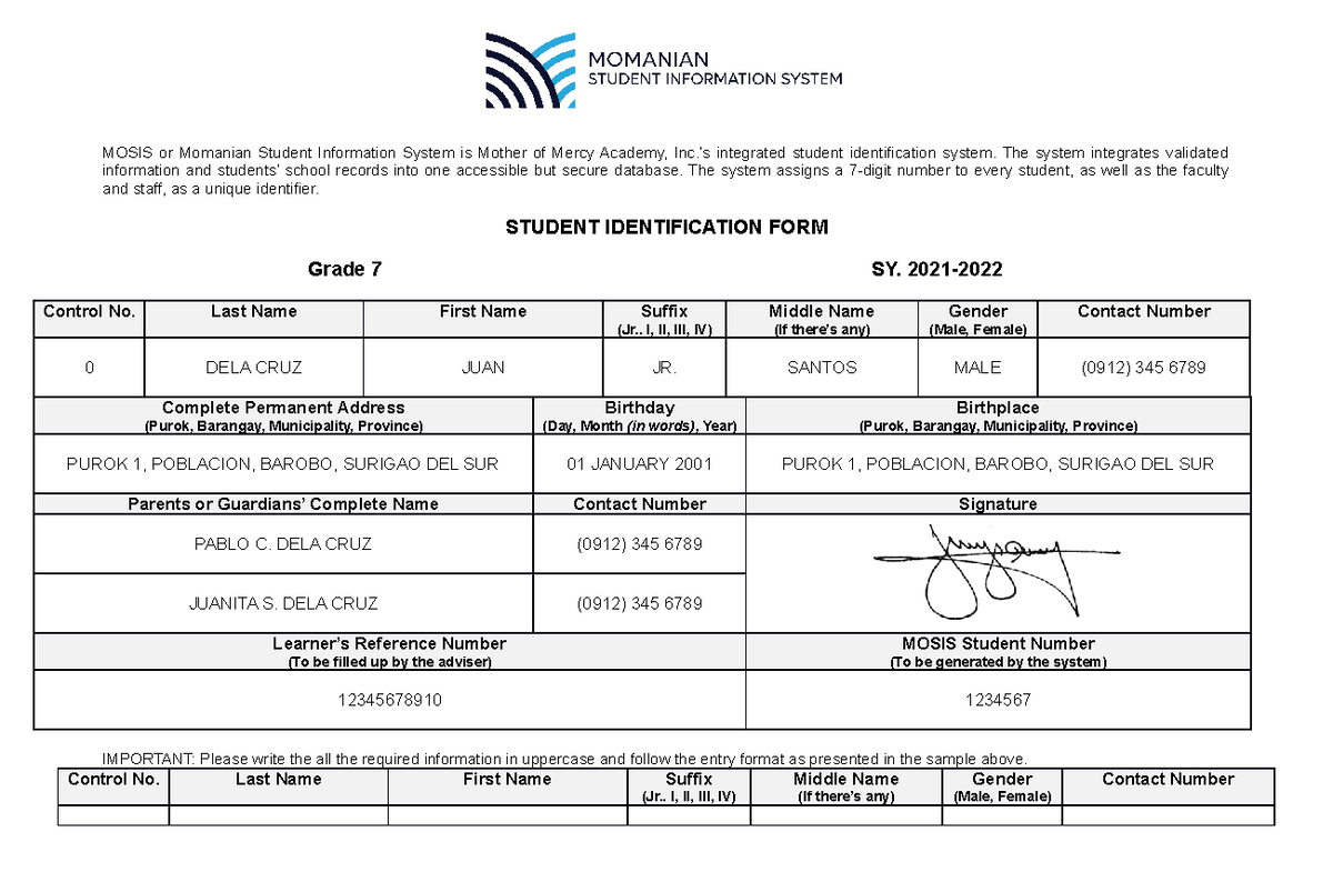Grade 7 SY 2021 - Student Identification Form (MOSIS) - Studocu
