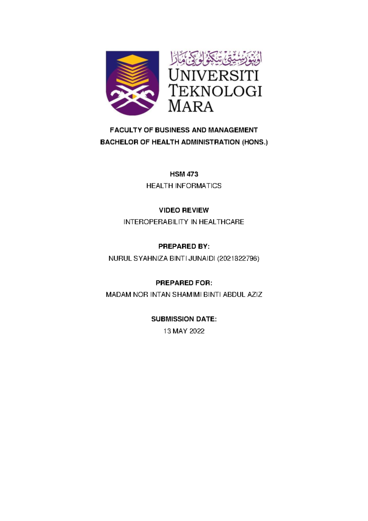 HSM473 Individual Assignment - FACULTY OF BUSINESS AND MANAGEMENT ...