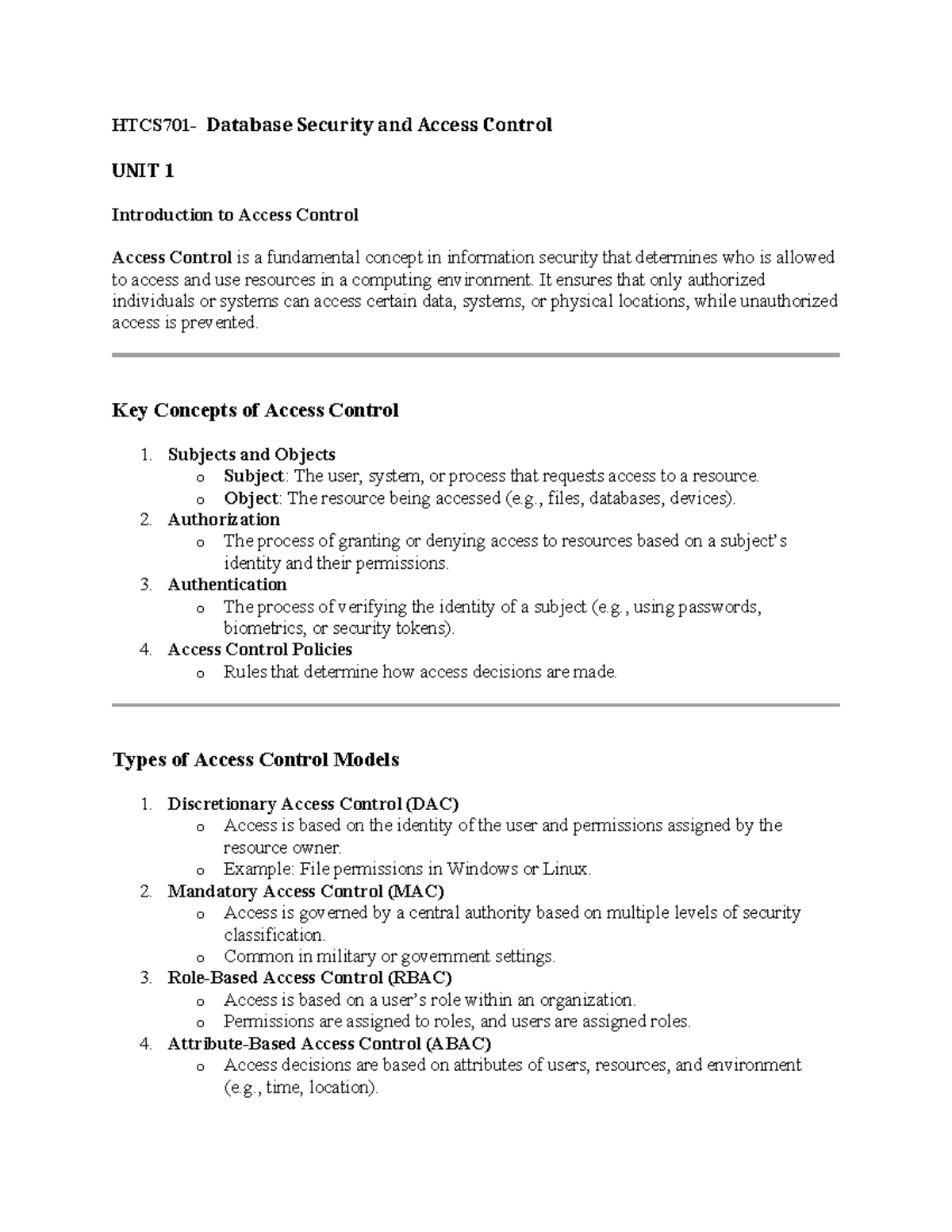 UNIT 1 - Access Control Fundamentals in Database Security - Studocu