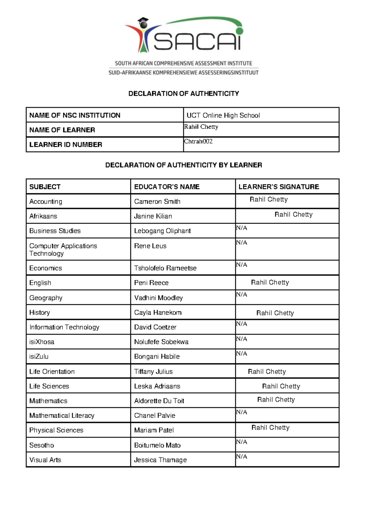 Declaration of Authenticity for Grade 11 Learners - Studocu