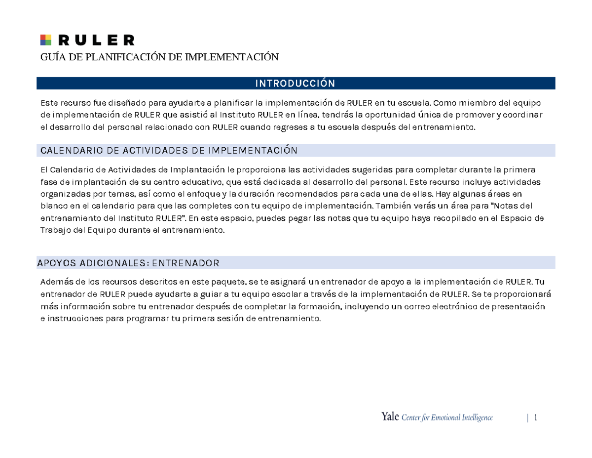 GUÍA DE PlanificacióN DE ImplementacióN Ruler EN TU Escuela I ...