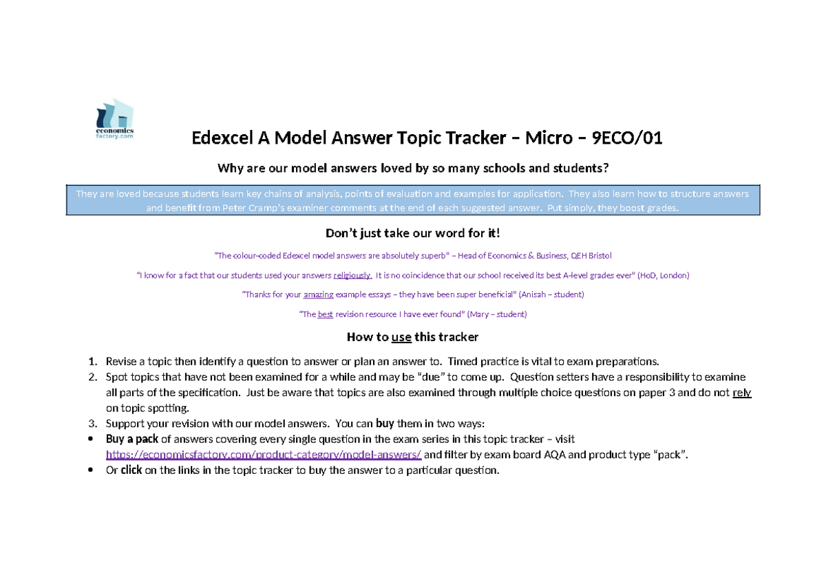 EF Topic Tracker Edexcel A Micro: Model Answers & Revision Guide - Studocu