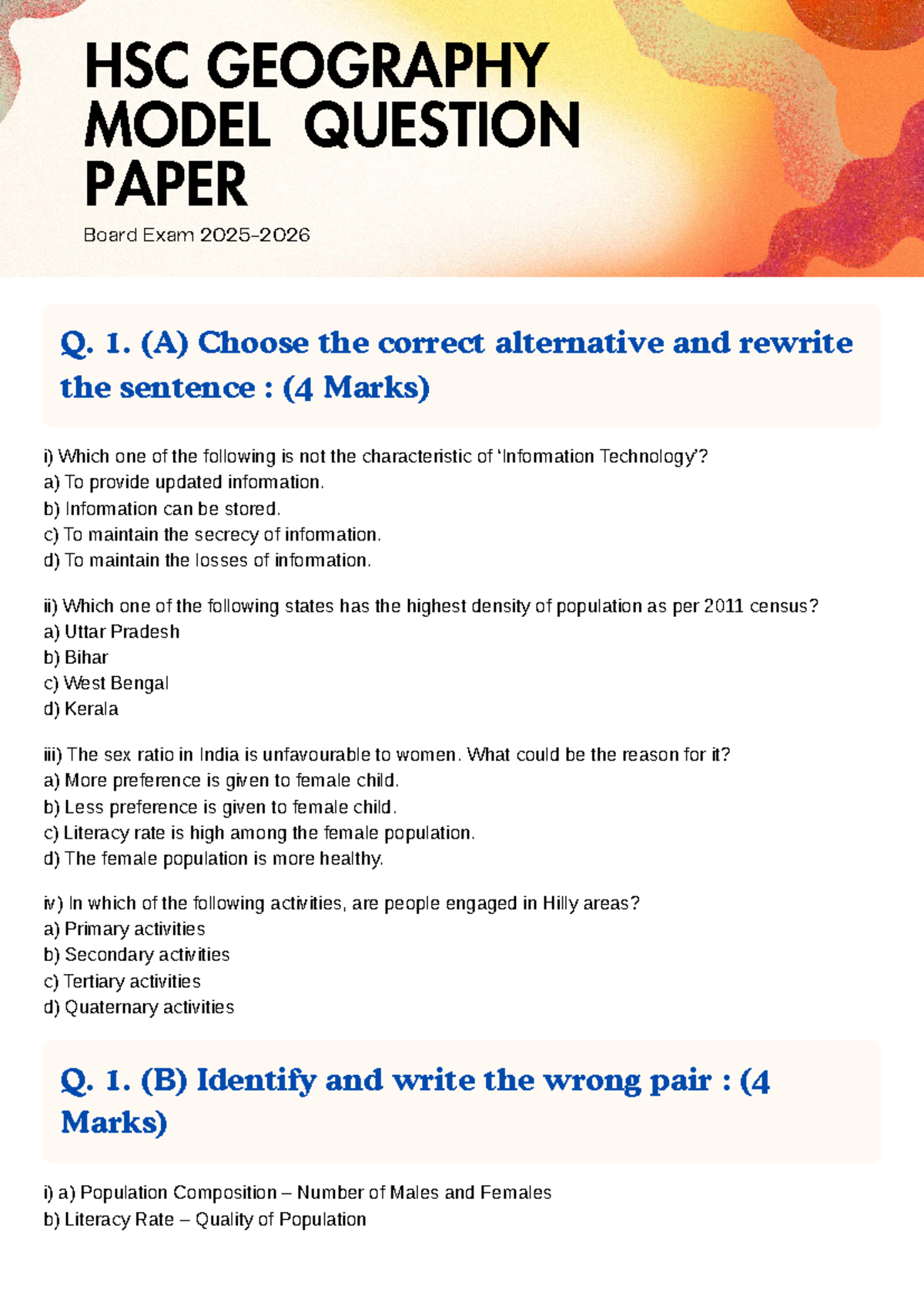HSC GEOGRAPHY MODEL QUESTION PAPER - Board Exam Insights - Studocu