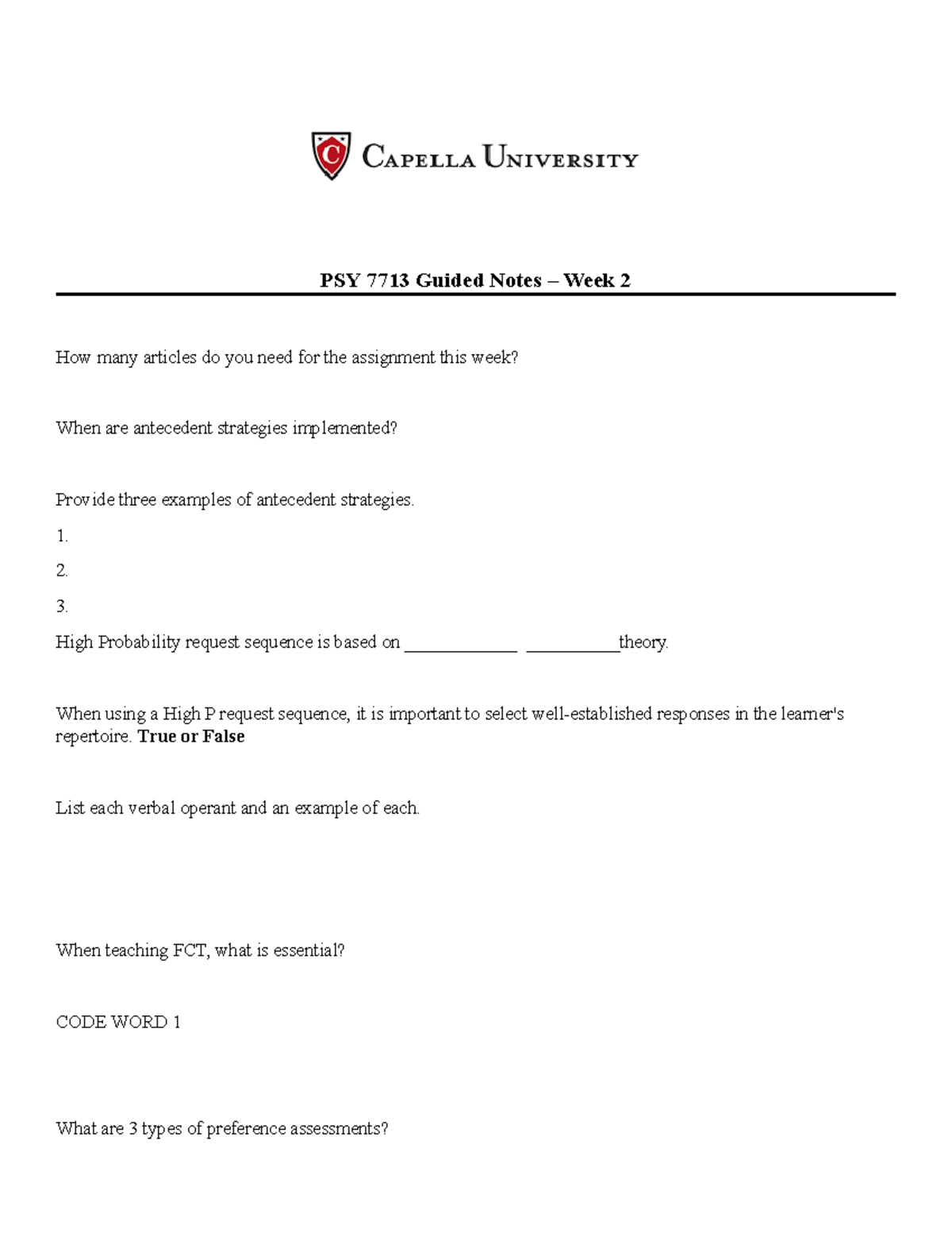 7713 Wk 2 Guided Notes - n/a - PSY 7713 Guided Notes – Week 2 How many ...
