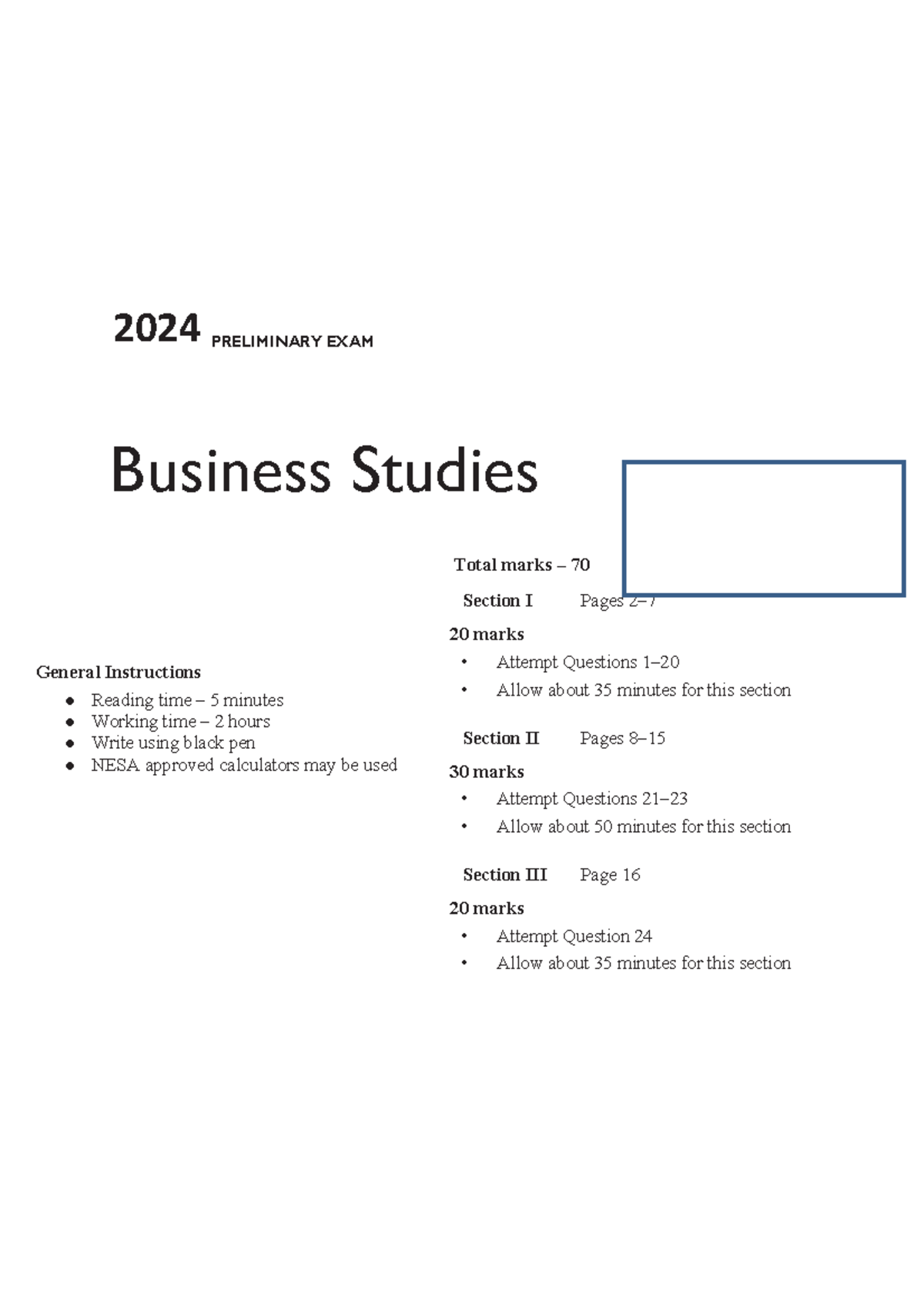 2024 Business Studies Preliminary Exam Paper - Total Marks 70 - Studocu