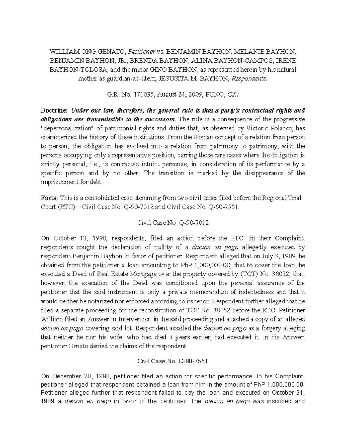 Genato vs. Bayhon, G.R. No. 171035: Contractual Obligations ...
