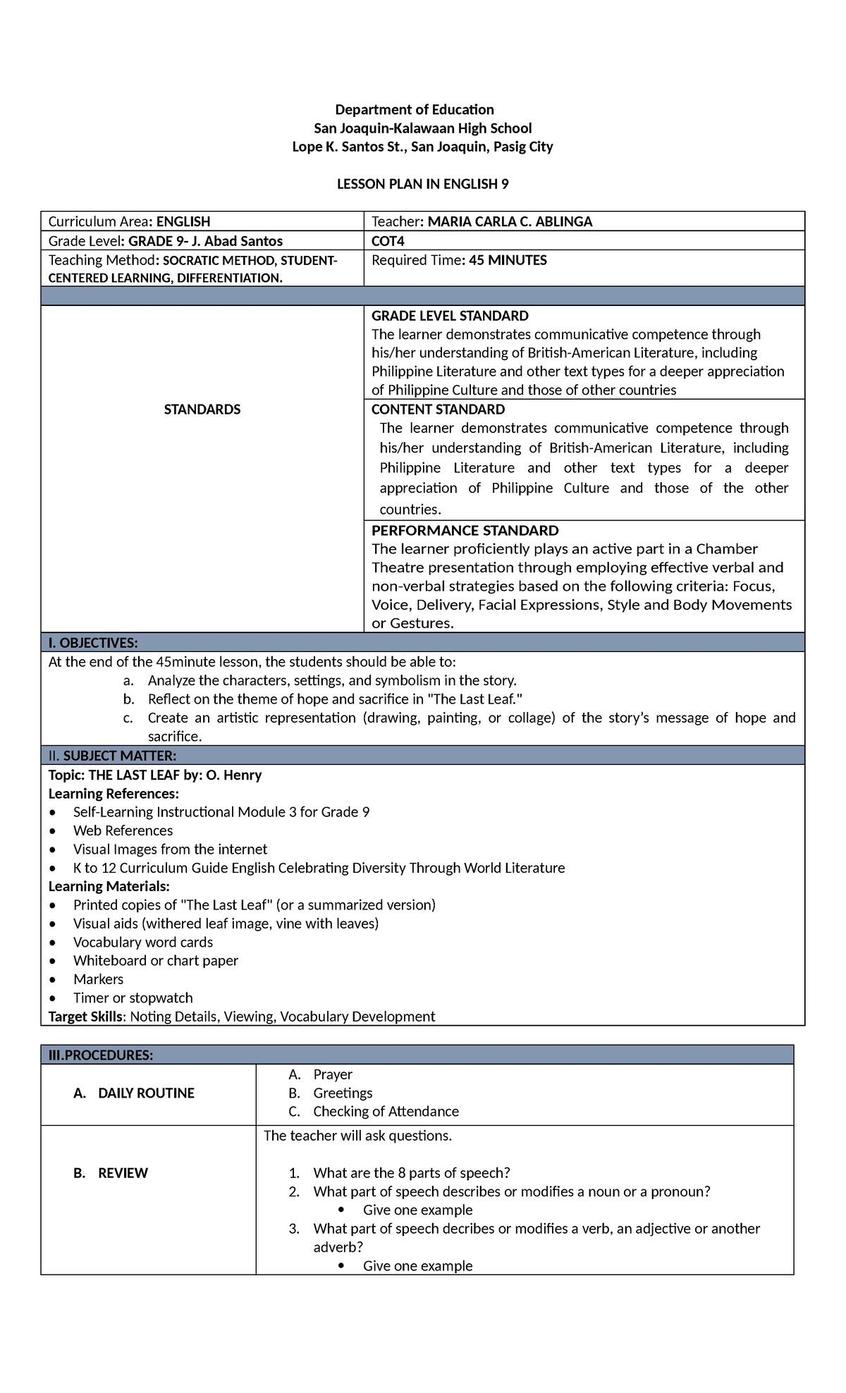 Lesson Plan on Types of Sentences: Structure in English 10 - Studocu