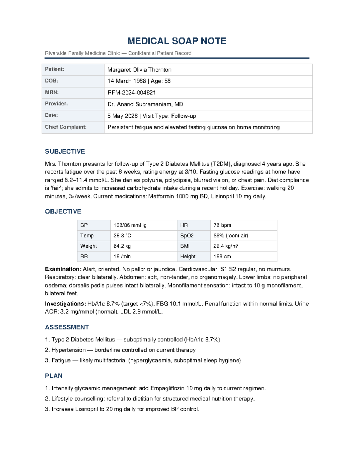 MED 101: SOAP Note for Patient Margaret Thornton - T2DM Management ...