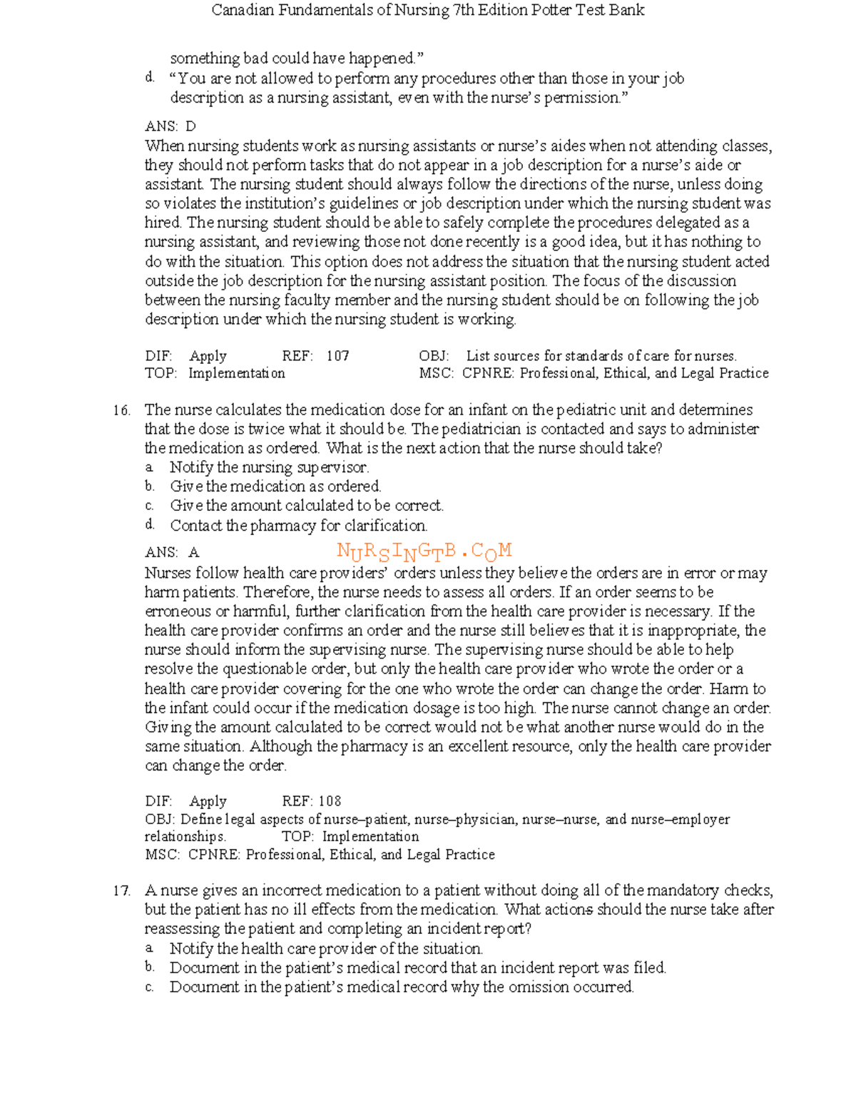 Canadian Fundamentals of Nursing 7th Ed. Potter Test Bank Review - Studocu